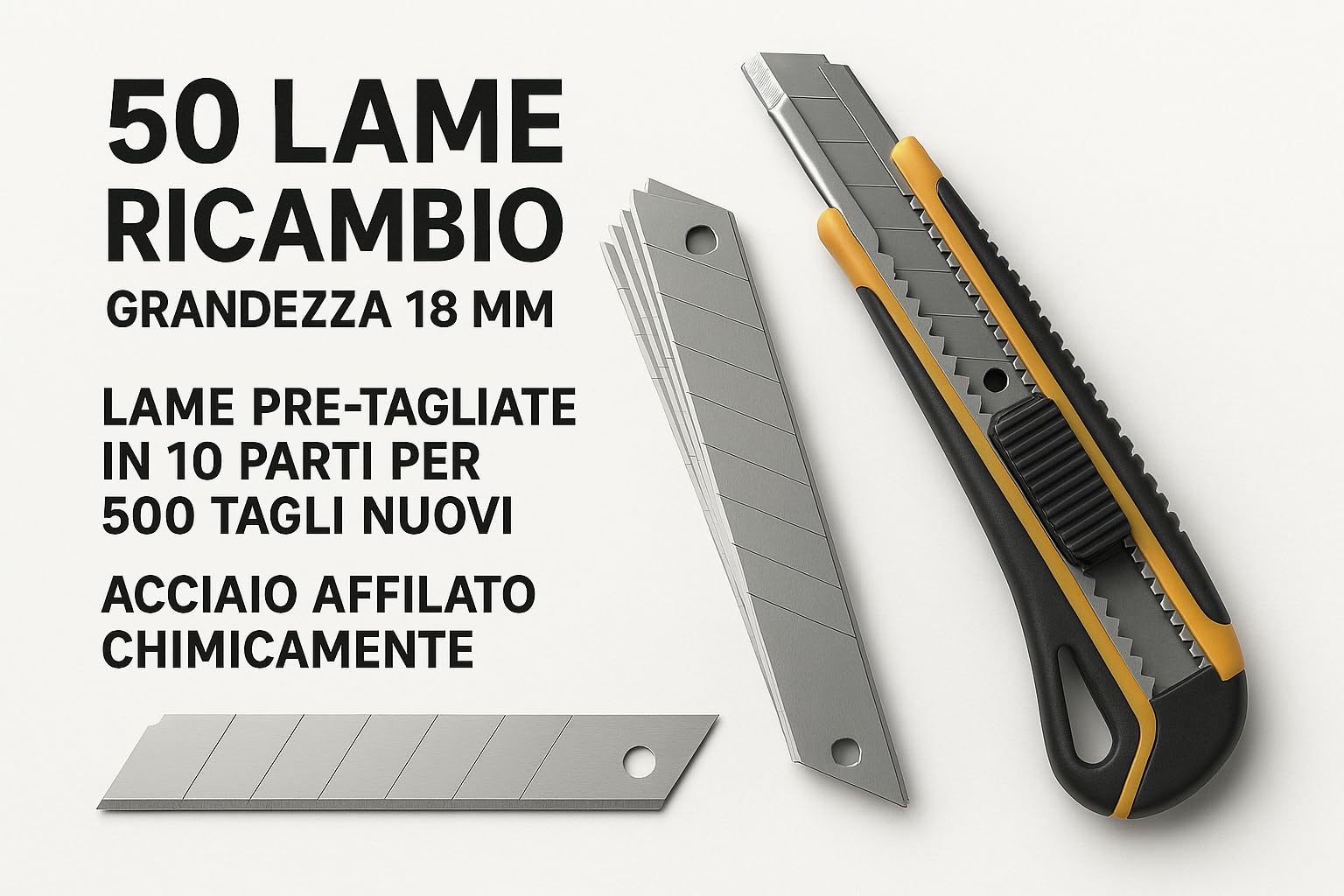 Lame di Ricambio per Cutter 18 mm – Acciaio Affilato Chimicamente – Pre-Tagliate in 10 Parti per 500 Tagli