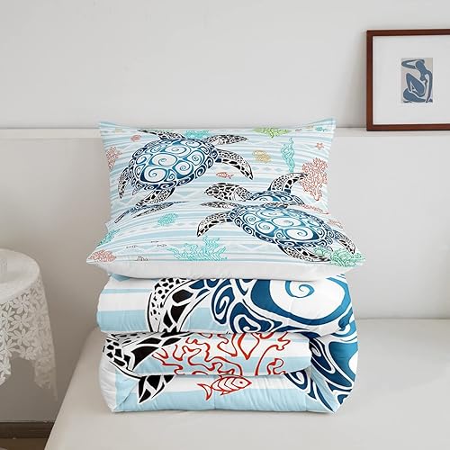 Miniatura 5 de Juego de edredón de tortuga marina, decoración de habitación kawaii, juego de ropa de cama con temática de playa costera, tamaño Queen para niños,