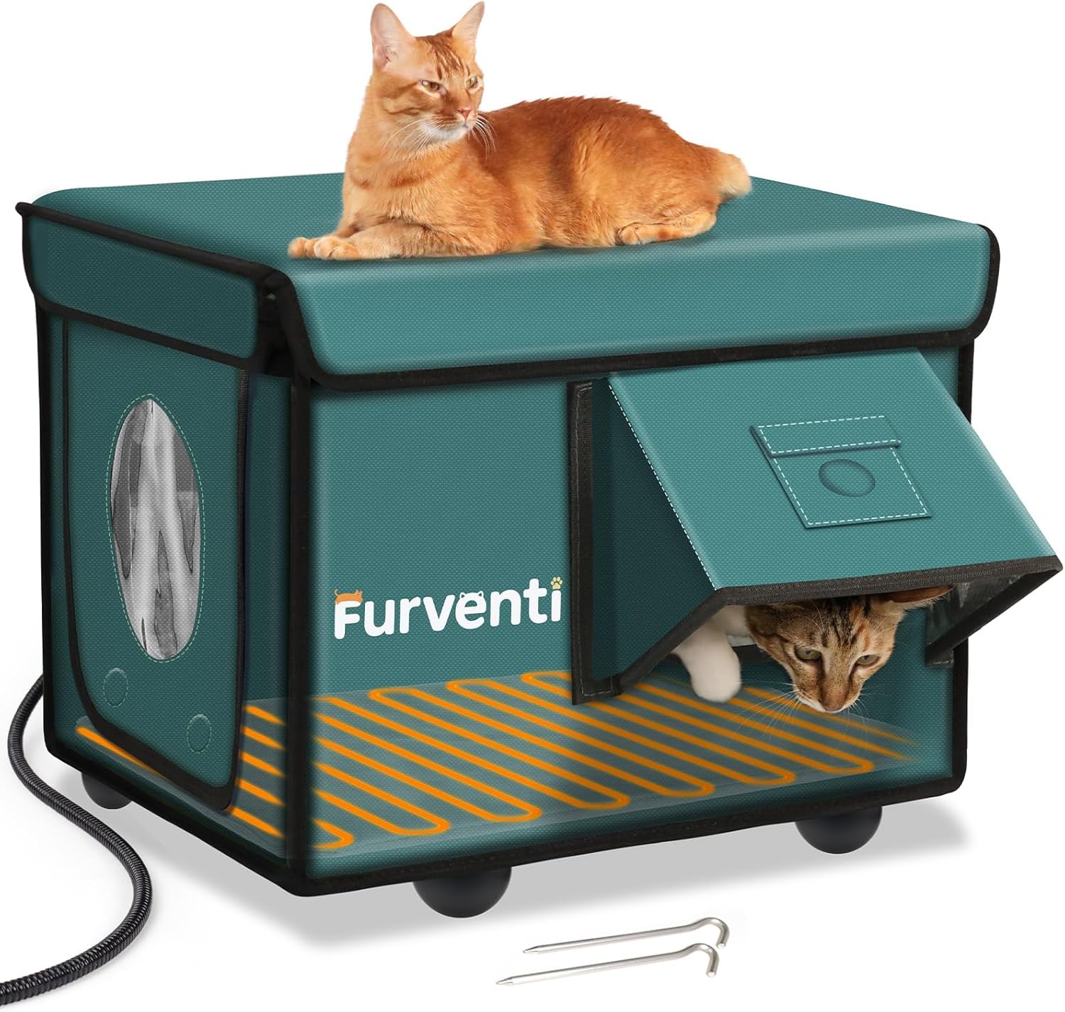 Heated Cat House for Outside with Dual Doors, Insulated Cat House Outdoor with Heating Pad, Weatherproof Heated Outdoor Cats Houses Waterproof for Feral Cats (Deep Green, 17" L x 12" W x 13" H)