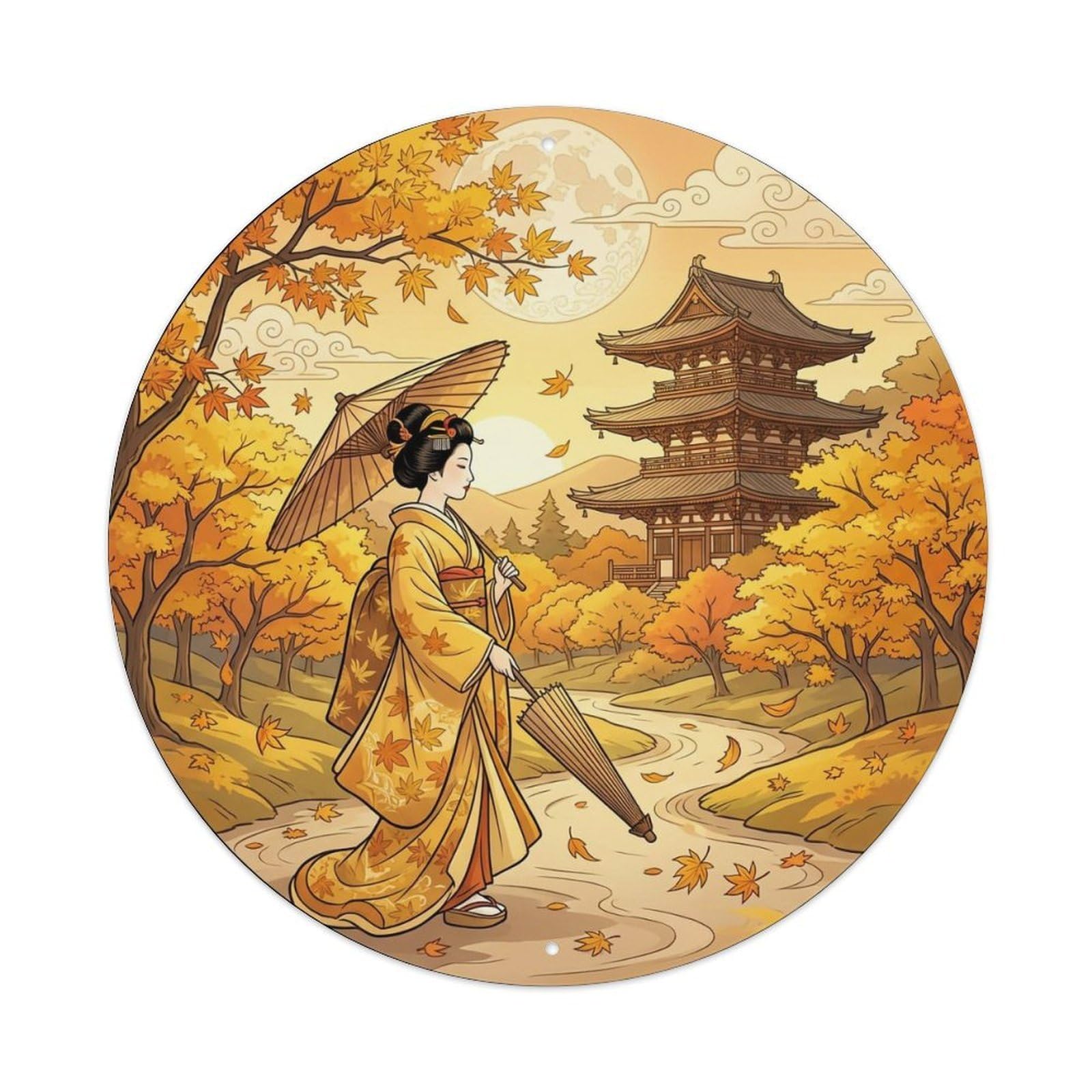 Yrnq 8X8inch Vintage Style Japanese Kimono Lady Yellow Maple Path Serene Motif Metal Tin Sign