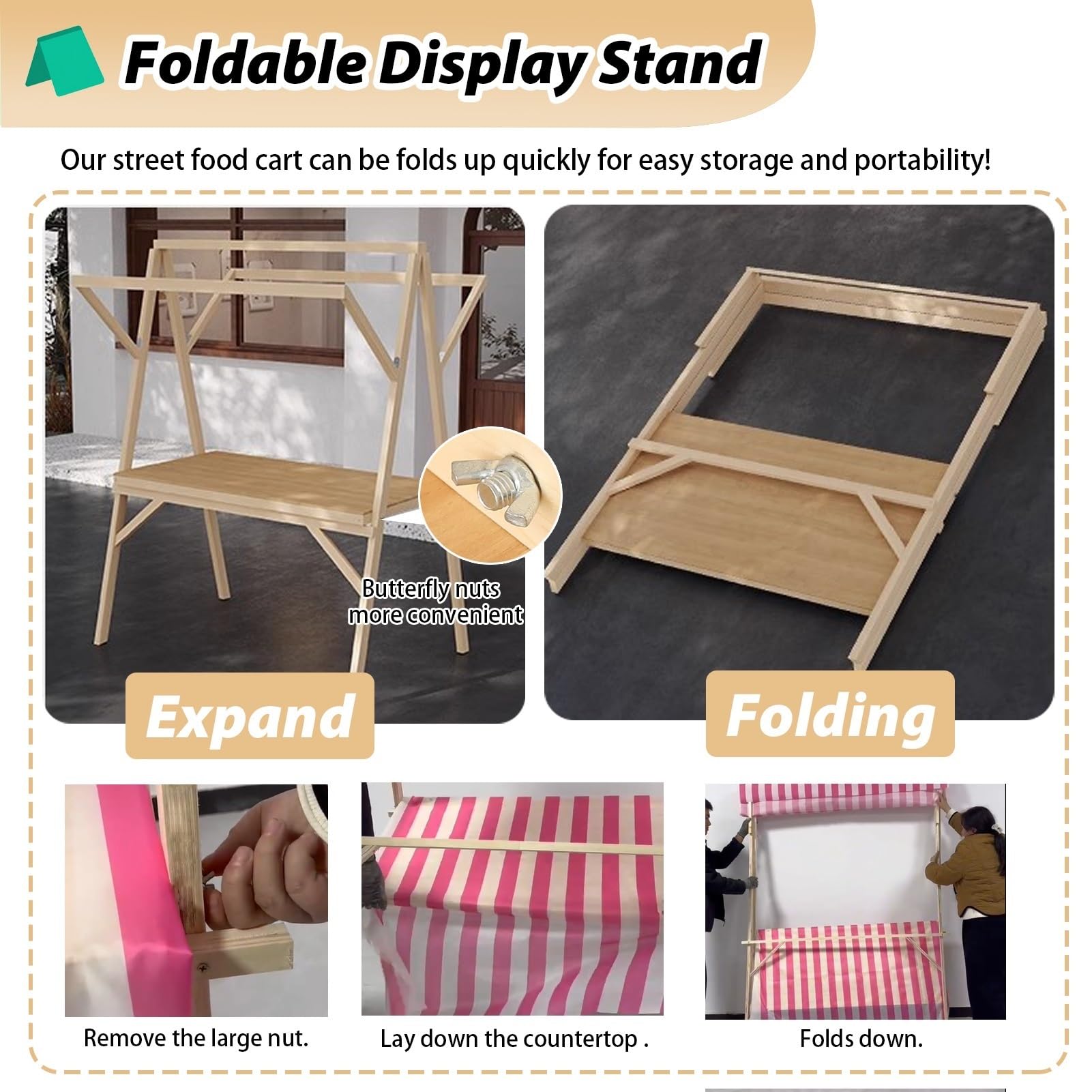 Marktstand Verkaufsstand Eiswagen aus Holz, Faltbarer Marktständer mit Dessertwagen, Tragbarer Imbissstand für Gewerbe, Partys und Den Einzelhandel(White,Width 150cm (59"))