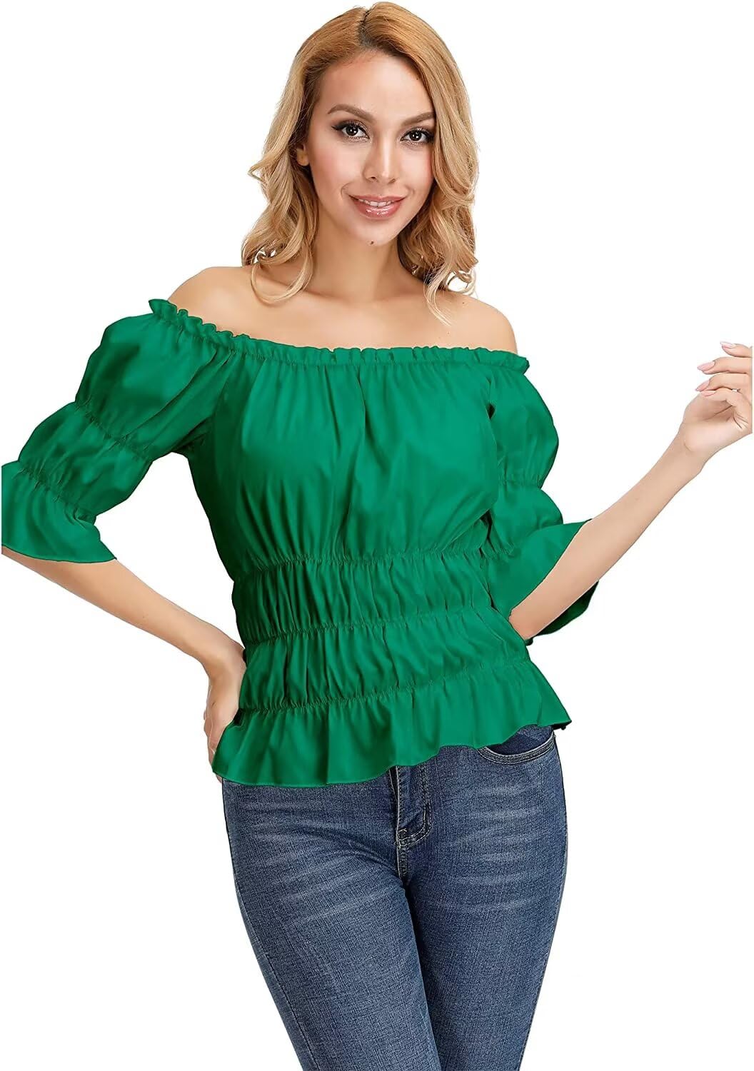 jutrisujo Women's Blouses & Shirts Medieval Renaissance Top Pirate Gothic Off The Shoulder Short Sleeve Summer Plus Size Ladies Green XXS