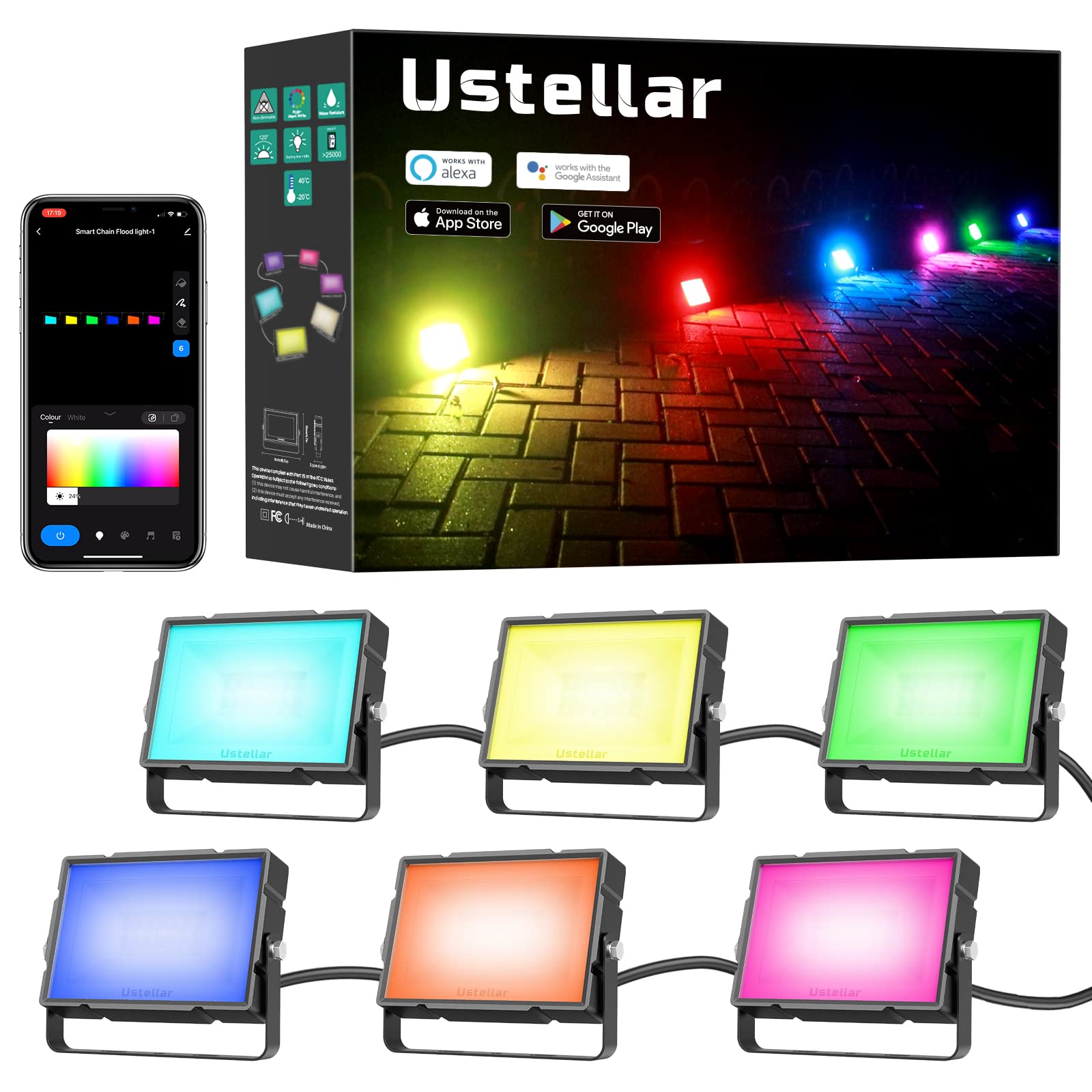 Ustellar RGB Flood Light Outdoor, Smart WiFi RGBW Color Changing Landscape Lights+Warm White 2700K, 40W App Control Christmas Spotlight Works with Alexa, IP66 Waterproof Uplights, Plug & Play (6 Pack)