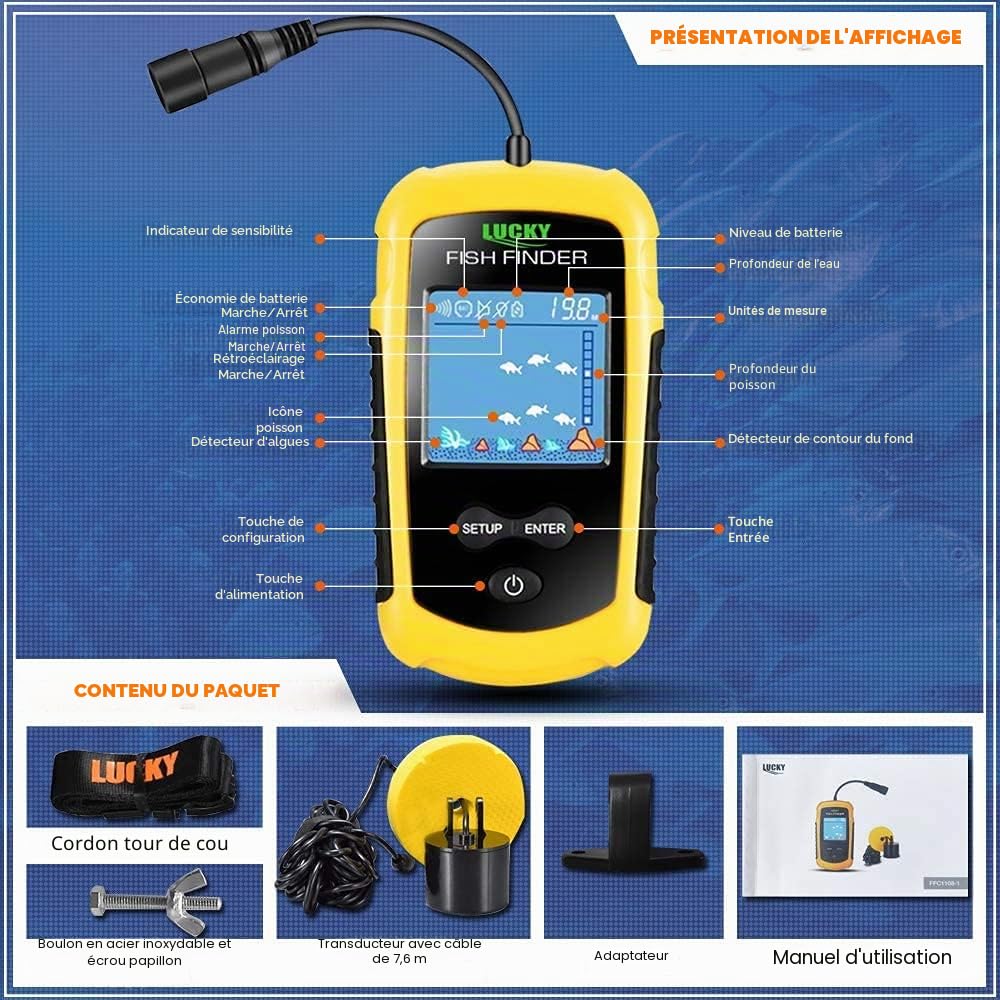 LUCKY Kayak Portatif Sondeur de Poisson Détecteur de Poissons Portatif à Eau Sonar Pouvant être lancé Bateau Kayak Sondeur Transducteur pêche écran LCD FFC1108