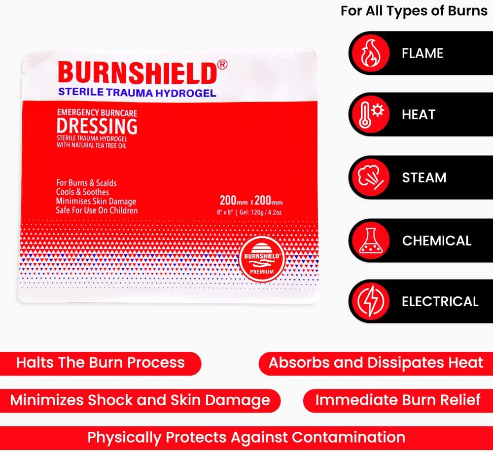 Burnshield Sterile Emergency Burn Dressing 8”x8” (20cm x 20cm)”Cools The Burn” – 6 Pack