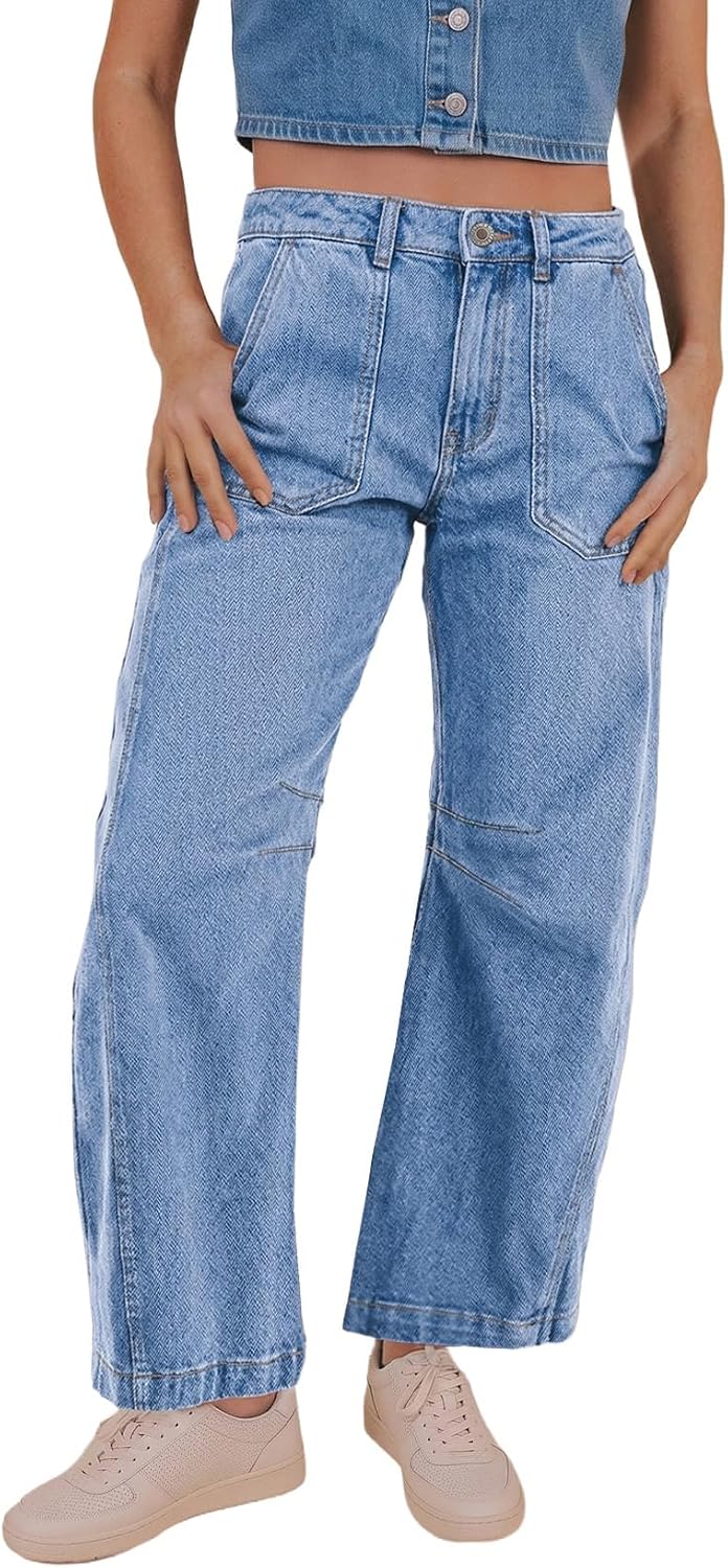 Sidefeel Women's High Waist Stretchy Barrel Wide Leg Jeans