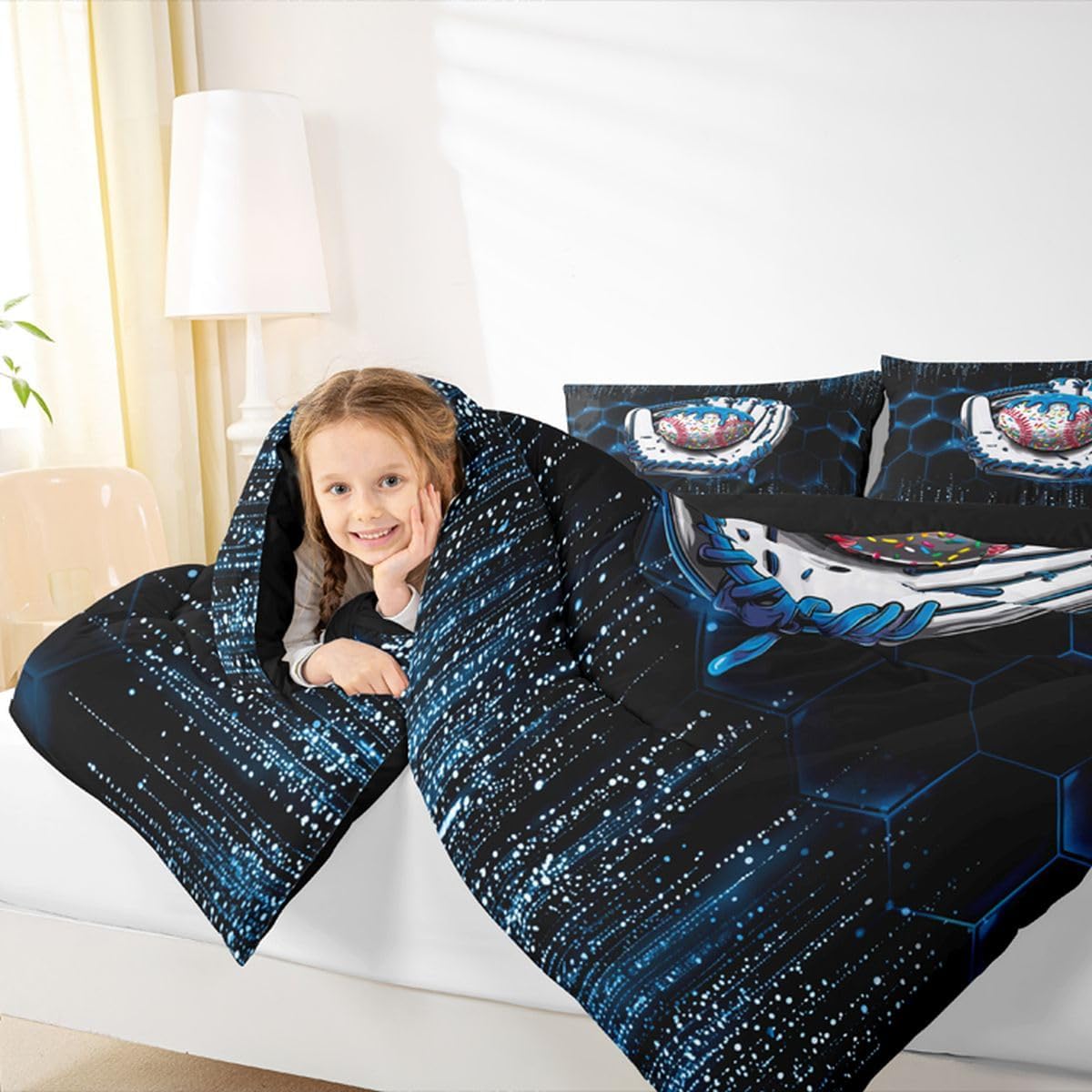 Manfei Baseball Ice Cream Comforter Set Queen Size,Blue Gloves Geometric Honeycomb Bedding Set 3pcs,Sports Theme Down Comforter for All Season,Kids Boys Girls Room Decor,2 Pillowcases,No Sheets