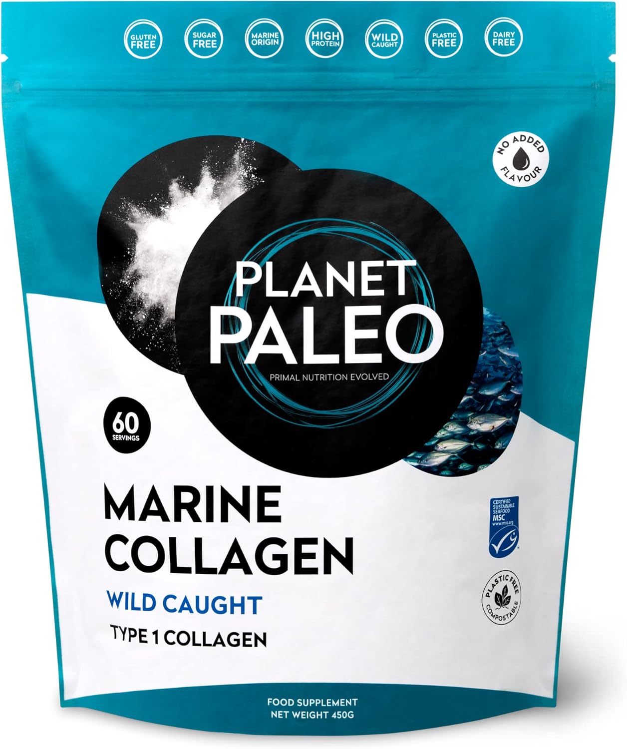 Pure Hydrolysed Marine Collagen Powder (60 Servings, 450g) | for Healthy Skin, Hair and Nails & Gut Health | MSC Certified, Wild Caught, Non-GMO, Type 1 Collagen and Gluten-Free Marine Peptides Powder