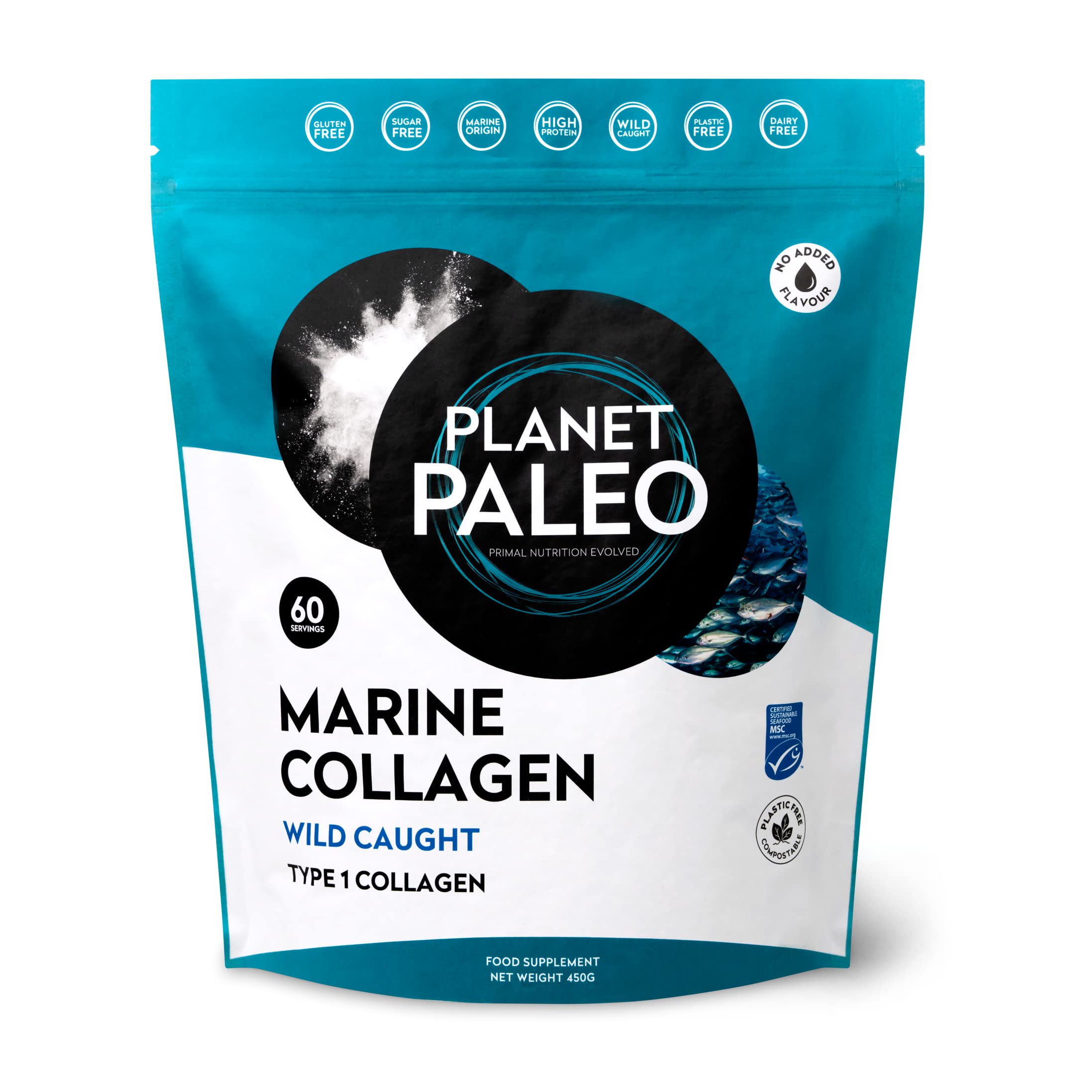 Pure Hydrolysed Marine Collagen Powder (60 Servings, 450g) | for Healthy Skin, Hair and Nails & Gut Health | MSC Certified, Wild Caught, Non-GMO, Type 1 Collagen and Gluten-Free Marine Peptides Powder