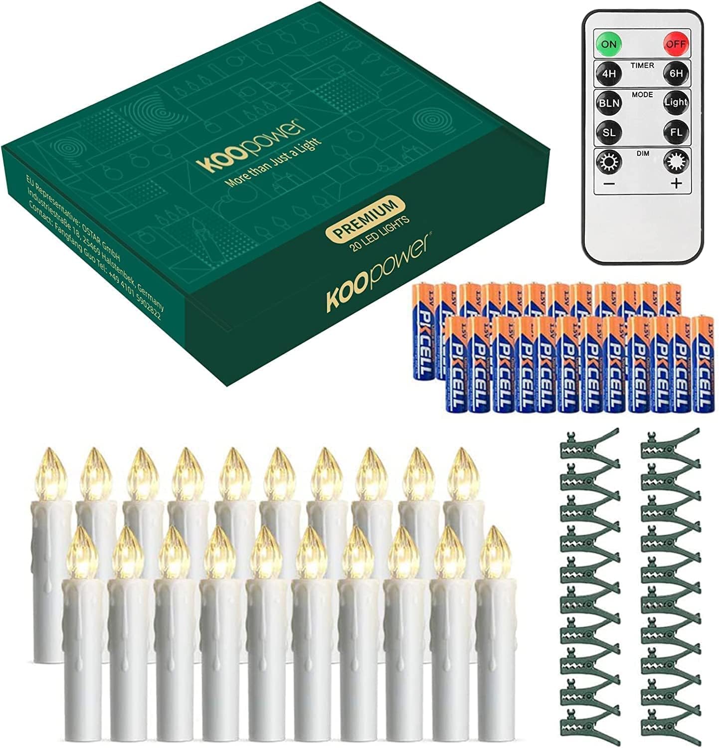 20 Pack LED Battery Taper Candles, (Remote and Timer) 20 Batteries Included 4 Modes Powered Flameless Floating Candles with Spikes Clips for Halloween Chirstmas Tree Party Decorations