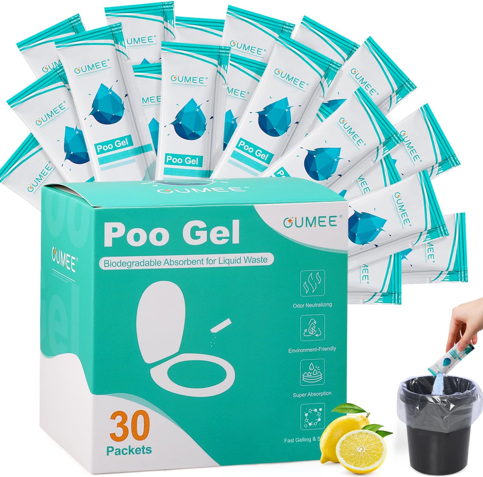 Lemon Portable Toilet Gel, Poo Gel for Potty, Camping Toilet Powder for Bucket, Eco Absorbent Gelling, Portable Urine Packets for Outdoor Recreation Suppliess(30)