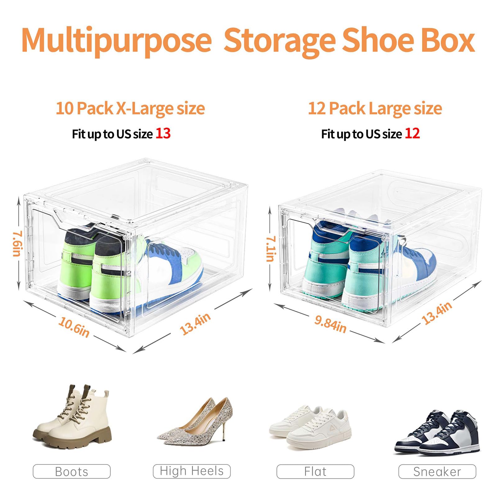 Stebopum Cajas de zapatos de plástico transparente apilables, paquete de 10 cajas de almacenamiento de zapatos con puerta magnética, contenedores de zapatos a prueba de polvo para mujeres/hombres, se
