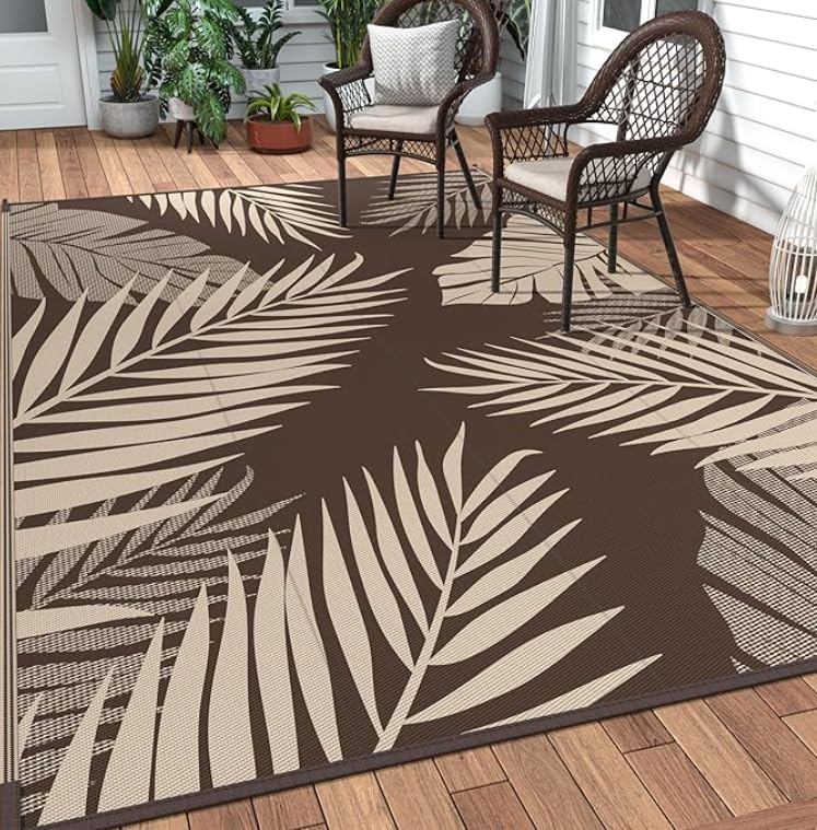 GENIMO Outdoor Rug 180x270cm – Waterproof Reversible Garden Rug, Washable UV Resistant Plastic Carpet for Patio, Balcony, Backyard, Picnic, RV – coffee & Beige