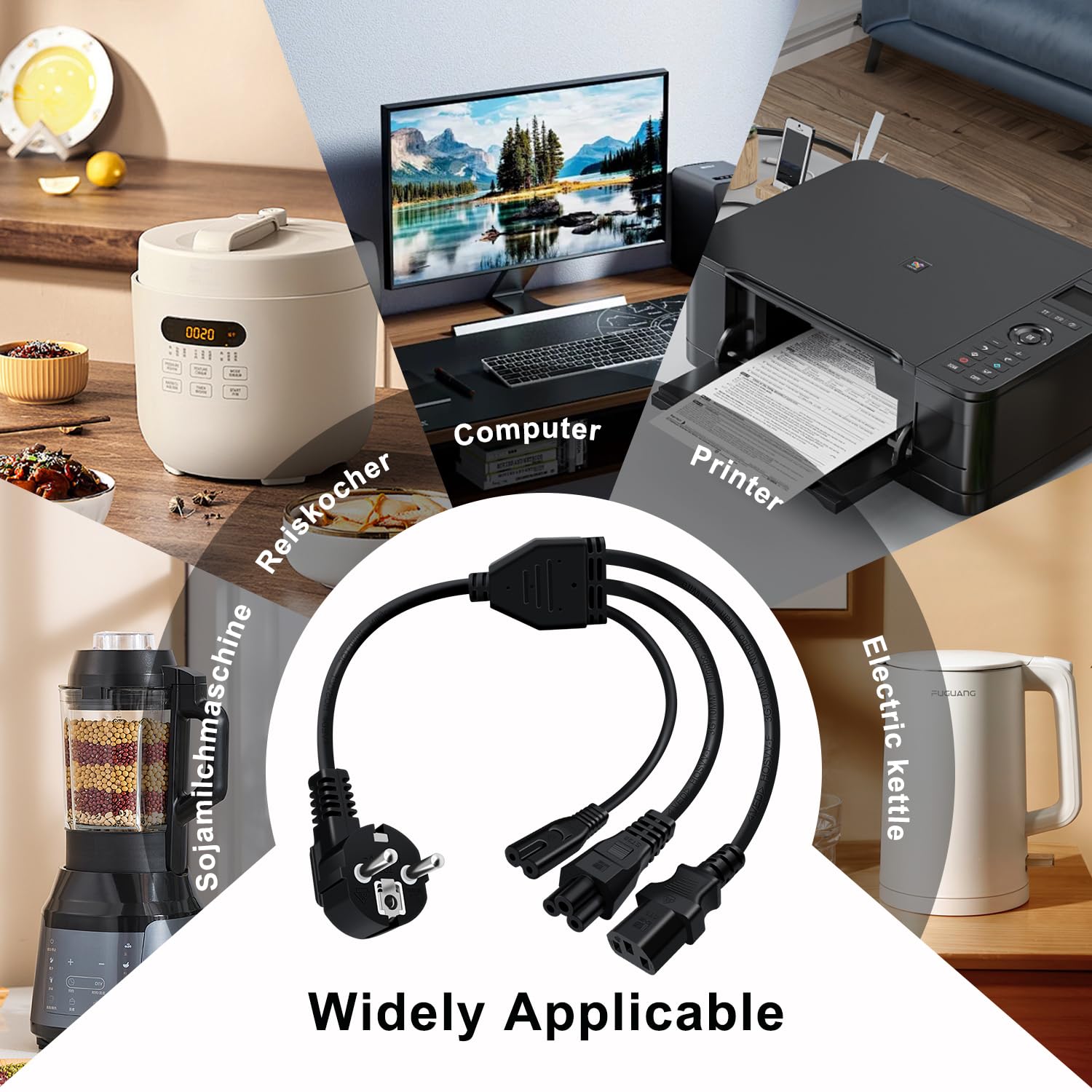 3-poliges Netzkabel Gewinkelt – 0,5 M, Mit Y-Adapter Für C13+C5+C7, 10A/250V, Ideal Für PC, Monitor & Reiskocher