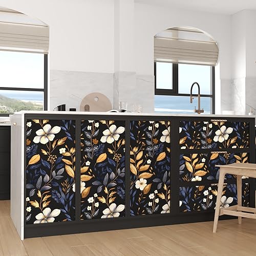 Miniatura 3 de Papel Tapiz de Hoja Azul/Dorada Despegar y Pegar Papel Tapiz Vintage Floral Oscuro Impermeable Autoadhesivo Removible Boho Papel de Pared Moderno