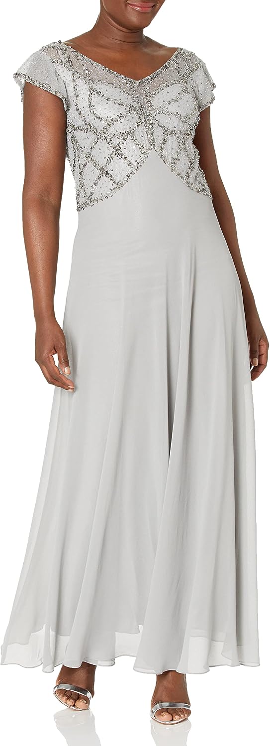 J Kara Women's Embellished Chiffon Dress, Silver/Mercury, 10 Clothing, Shoes & Accessories