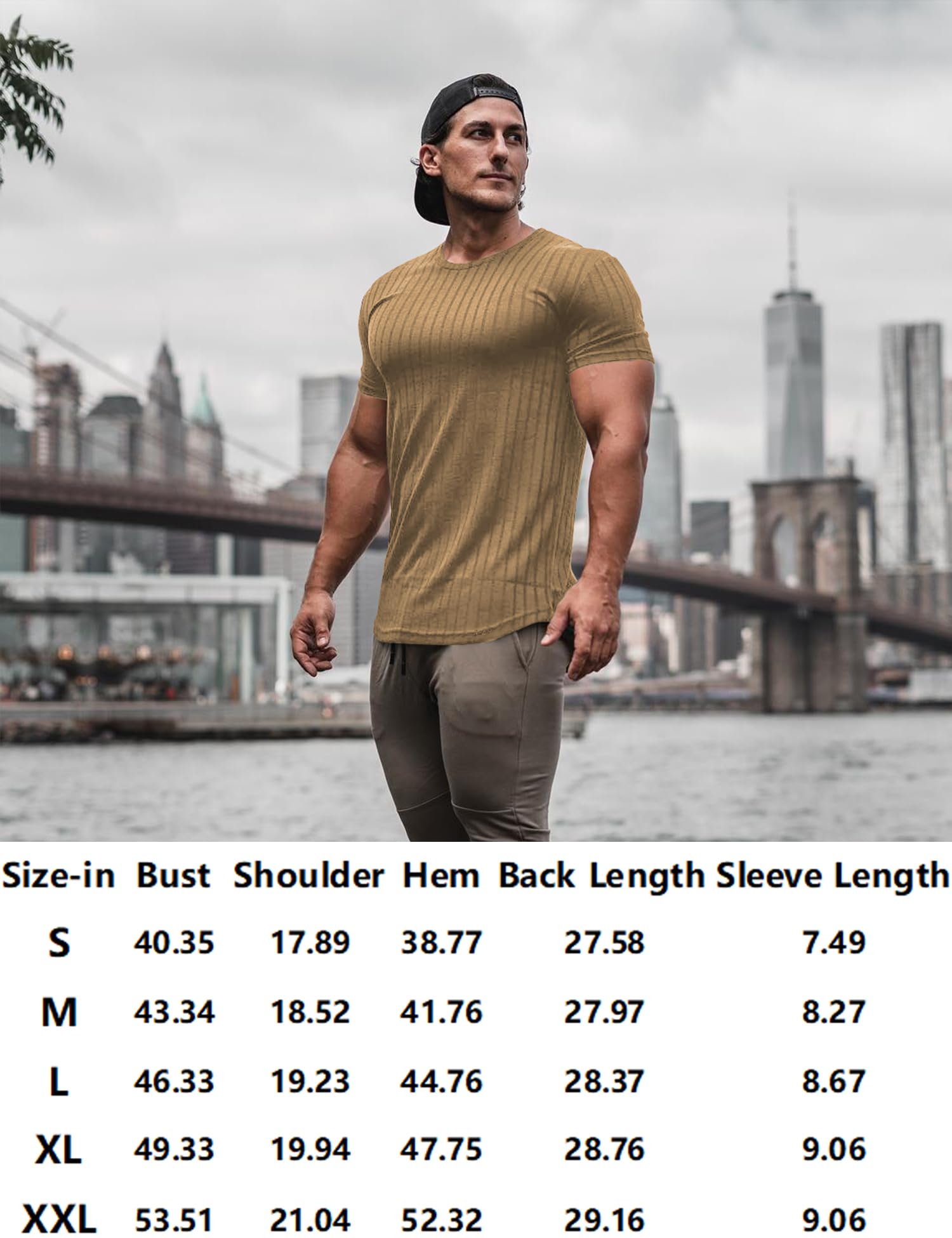 URRU T-shirt extensible à manches courtes pour homme - Coupe ajustée, kaki, Taille L