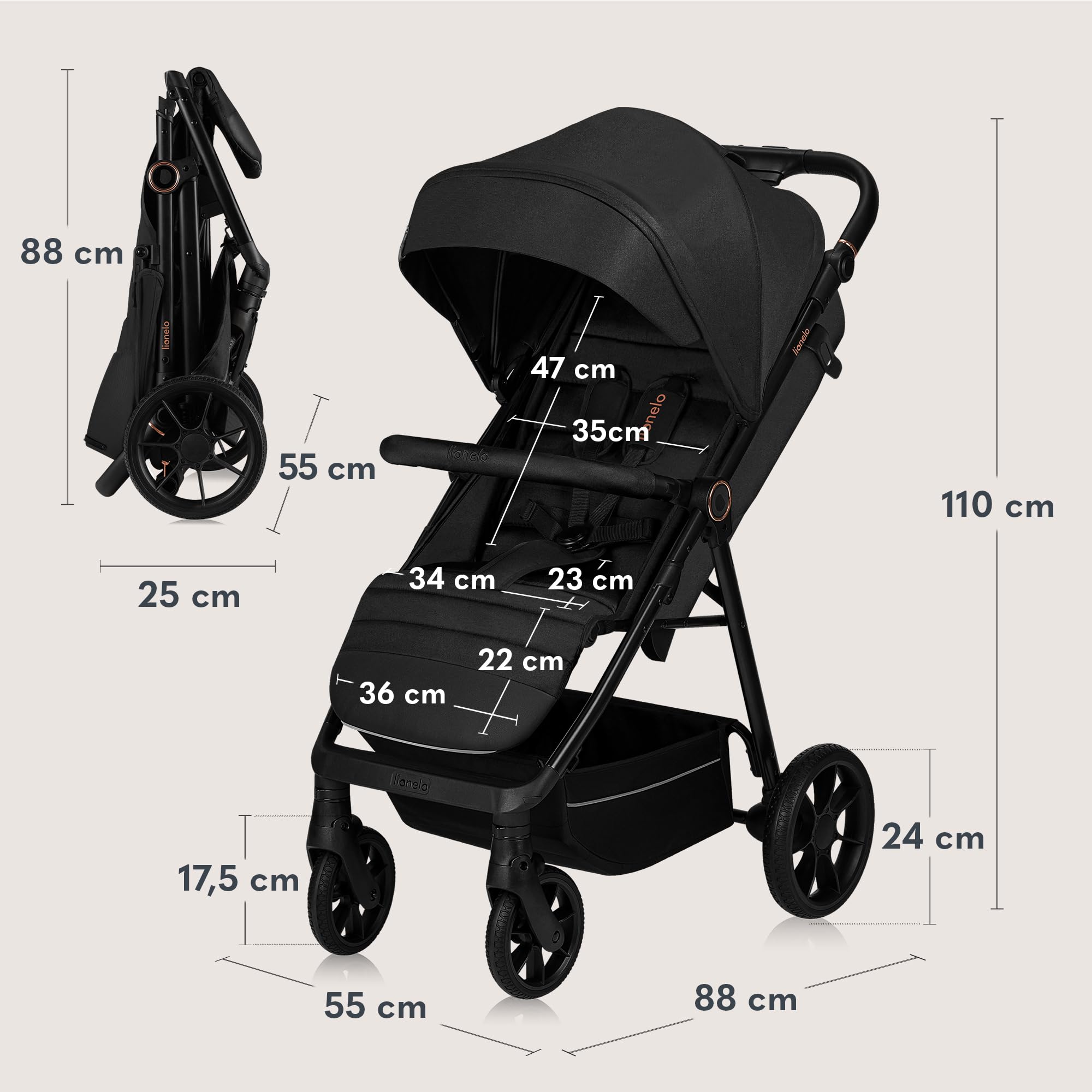 LIONELO Passeggino compatto e laggero MIRA per bambini da 6 mesi a 4 anni/ 22 kg, Ruote girevoli a 360° Sospensione completa, Schienale e Poggiapiedi regolabili, Capottina XXL UPF50+, Ampio cestino