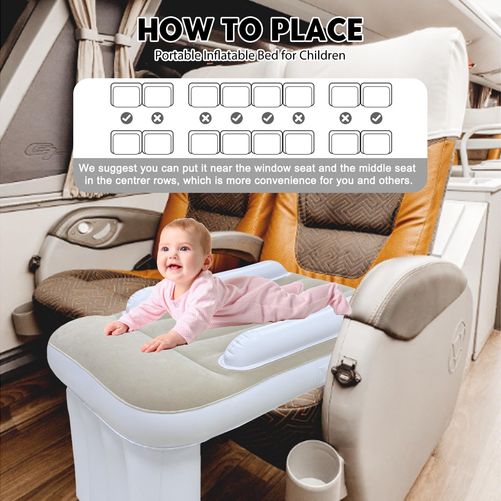 Lettino per aeroplano per bambini, lettino da viaggio gonfiabile per aeroplano, lettino per bambini con pompa ad aria, letto portatile con lati alti, estensione per sedile aereo e auto