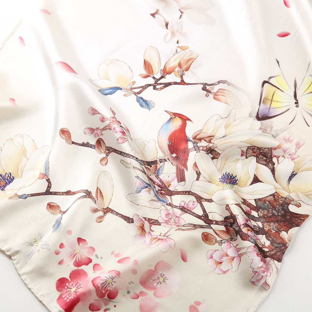 STORY OF SHANGHAI Sciarpa di 100% Seta Charmeuse da Donna Foulard a Raso con Fantasie Orientale, 56x177cm