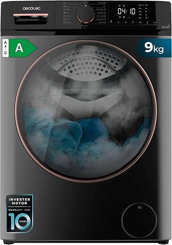 Cecotec Lavadora de Carga Frontal 9Kg Bolero Dresscode 9610 Inverter Steel A. 2000W, 1400 RPM, Bajo Consumo, Función Vapor, Motor Inverter Plus, 15 Programas, Optimiza Nivel de Agua y Lavado [Energy Class A]