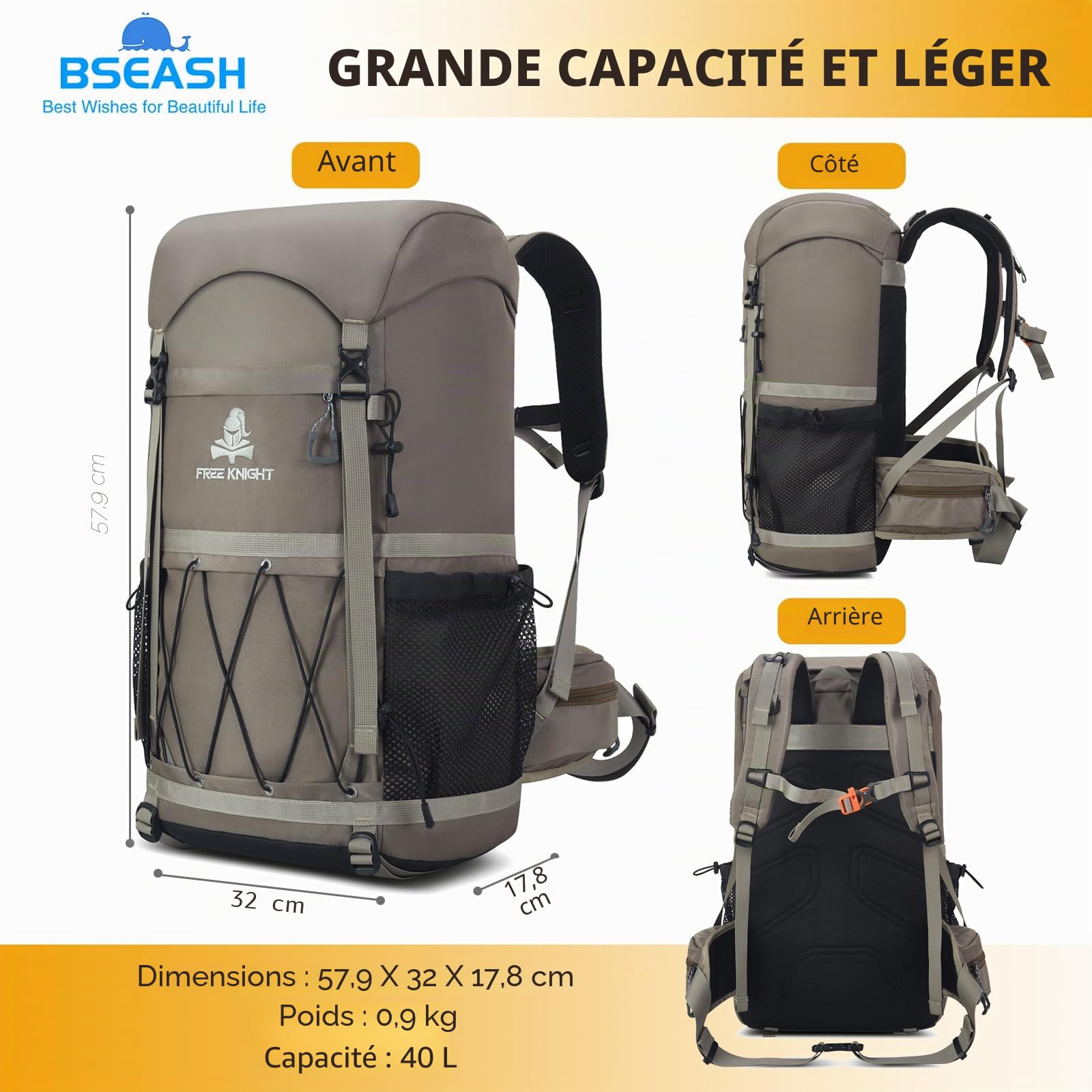 Bseash Sac à dos de randonnée imperméable 40 L avec housse de pluie, sac de voyage pour le camping, l'escalade, le cyclisme, le ski