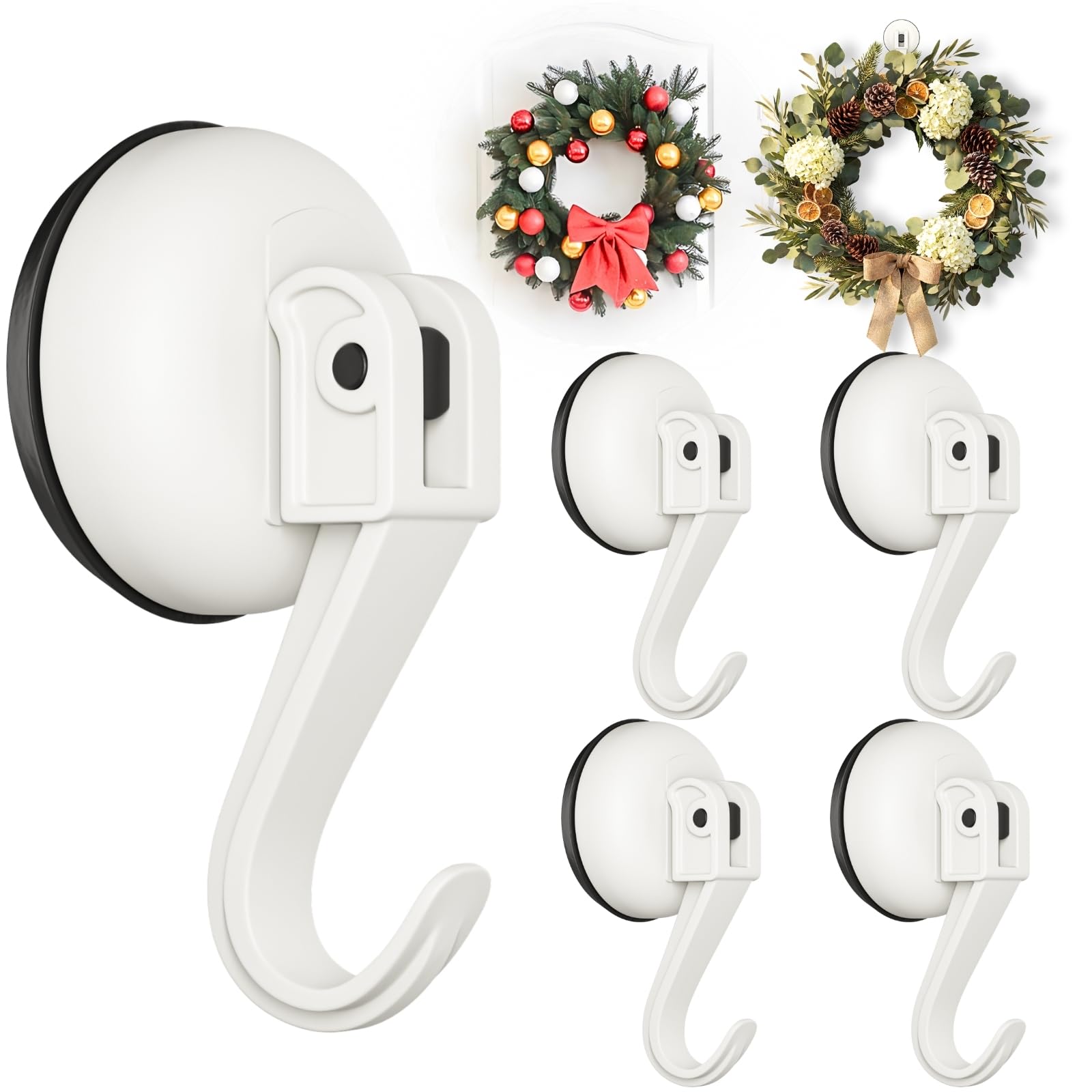 Ofiray-home Wreath Hangers for Front Door, 4 Pack Suction Cup Hooks for Glass Windows/Over Door, Reusable Wreath Hangers for Christmas/Thanksgiving/Halloween/Outdoor Decorations (White)