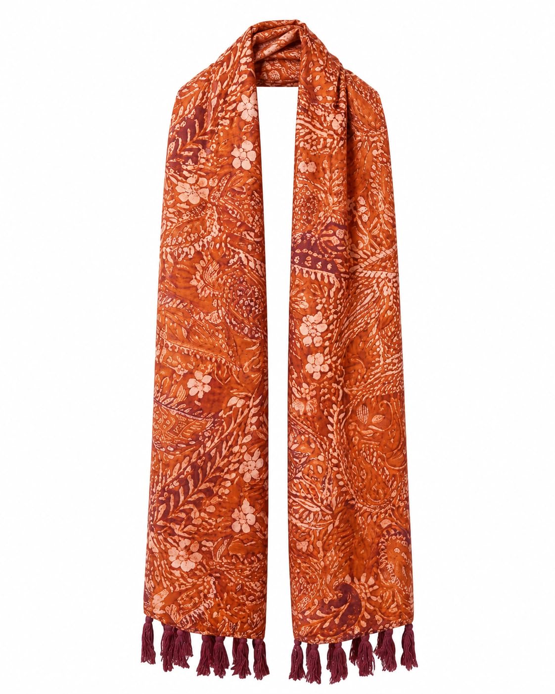 Rust Orange Floral Paisley Print Scarf with Tassel Ends-picture-50