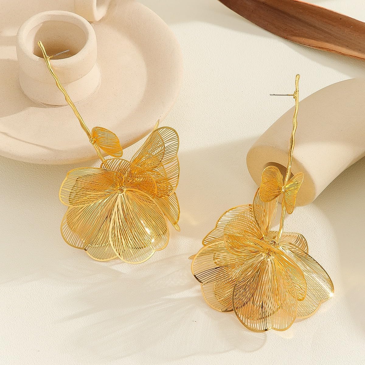 Large Long Gold Plated Flower Tassel Drop Dangle Earrings for Women Unisex Exaggerated Statement Floral Metal Boho Earrings Trendy Fashion Plant Earrings Chic Jewelry - Image 6