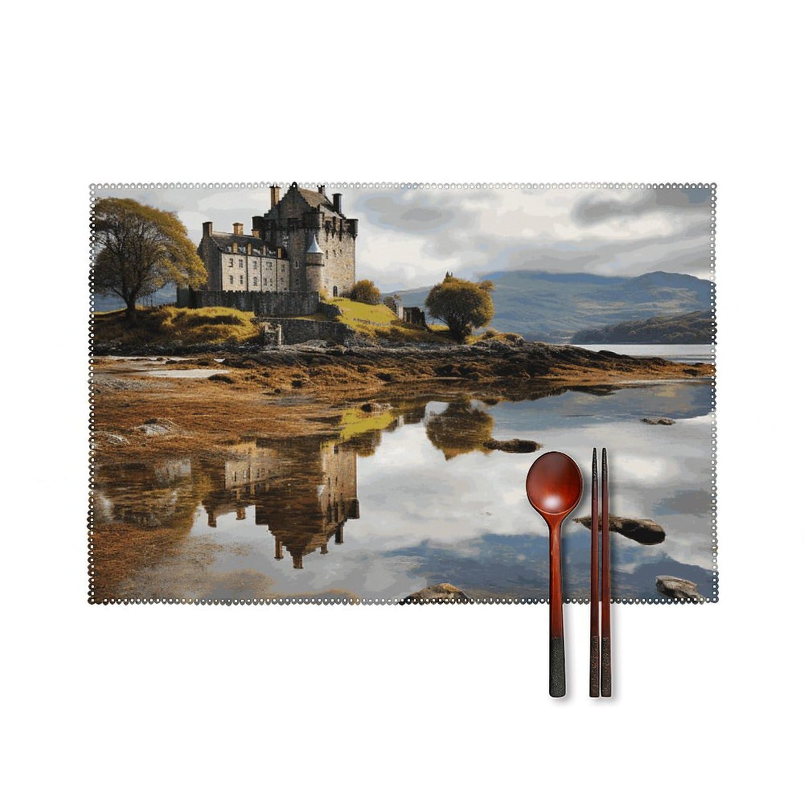 Nonhai Style Scotland Castle Water Lake Scottish Canvas Place Mats Set Of 4 Canvas Table Mat For Kitchen Washable Place Mat Non-Slip Heat Resistant Table Mat For Hotel Home Dining