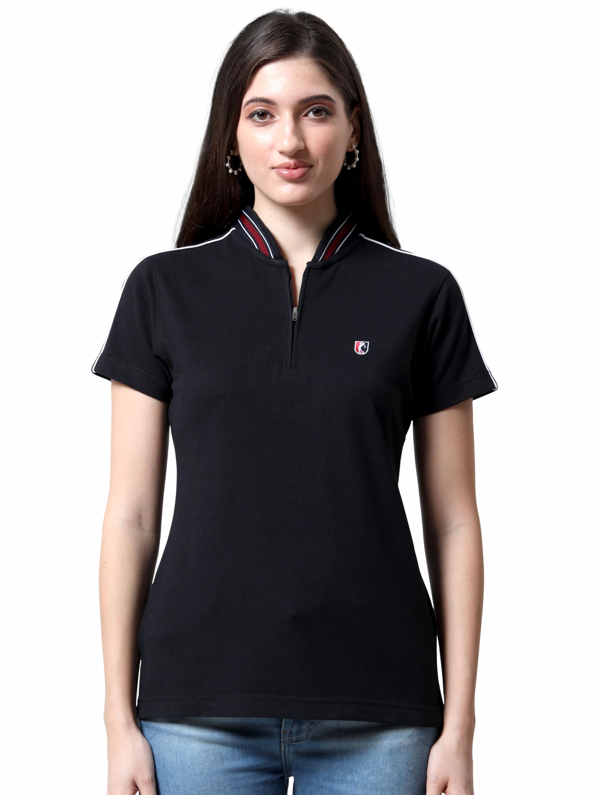 stellers Women's Zipper Chinese Collar Polo T-Shirt | Premium Cotton | Stretchable | Enzyme bio Washed | Feather Touch Feel | Sustainable | Breathable | Light Weight Black-picture-15