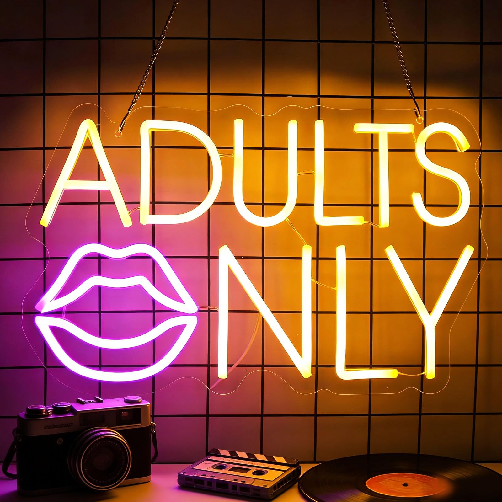 Adult Only Neon Sign Pink Lip with Orange Letter Dimmable LED Sexy Acrylic Neon Light USB Powered Wall Decor Light Up Sign with Hanging Chain for Bedroom Billiard Room Bar Decoration (5V)