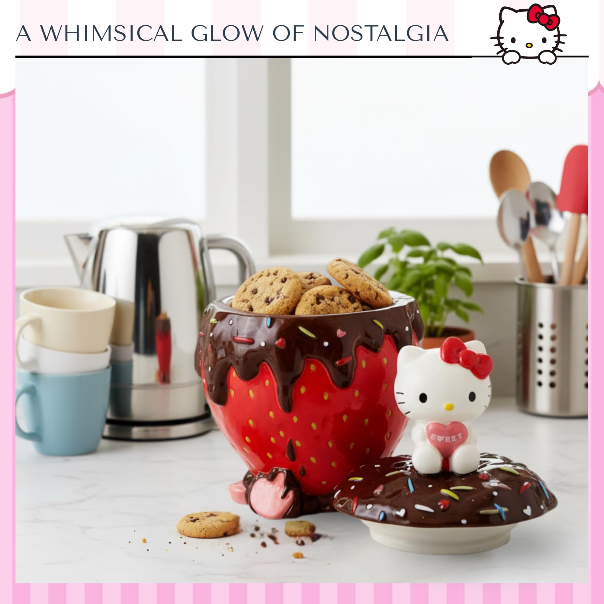 Blue Sky Clayworks Hello Kitty Strawberry Cookie Jar, Ceramic, 7" L x 7" W x 12" H, Chocolate-Drip Berry Sweet
