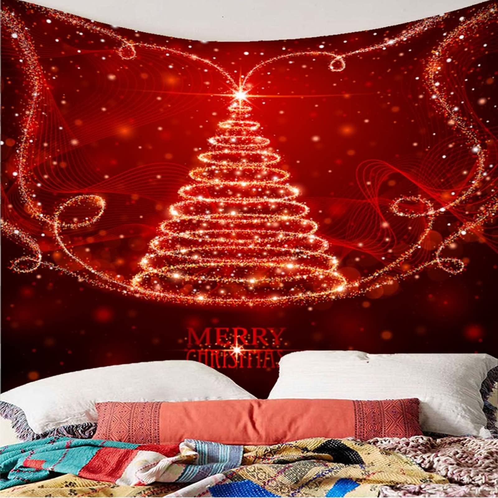 Tapices Vintage, Tapiz Navideño Pared Árbol de Navidad con Luz de Estrellas Rojo Poliéster 350X256cm