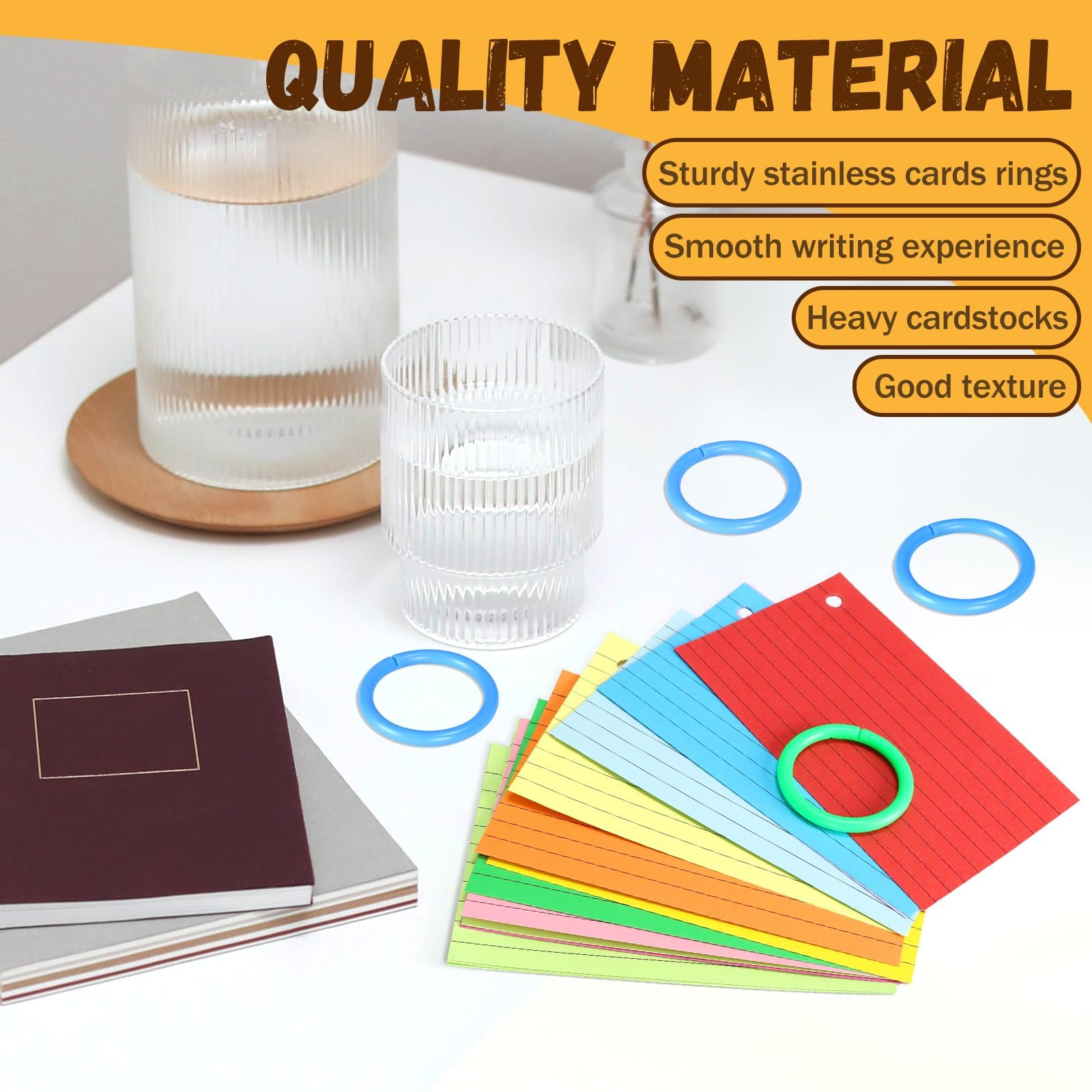 Tecmisse Tarjetas de índice coloridas a granel, 1200 hojas de tarjetas flash con anillos, tarjetas de índice rayadas de 3 x 5 pulgadas, tarjetas de estudio para suministros de aprendizaje y oficina,