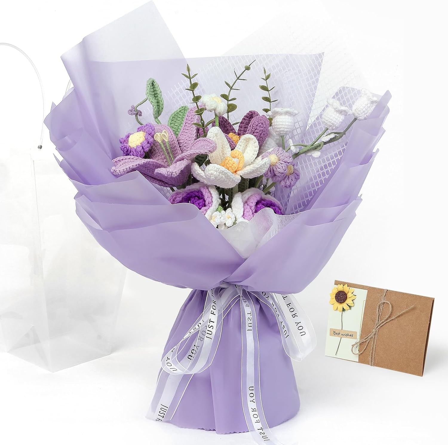 Valentine’s Day Crochet Flower Bouquet, Everlasting Purple Knitted Flowers with Tulips & Crochet Roses, Elegant Valentines Flowers Gift for Her, Handmade Floral Bouquet Home Decor