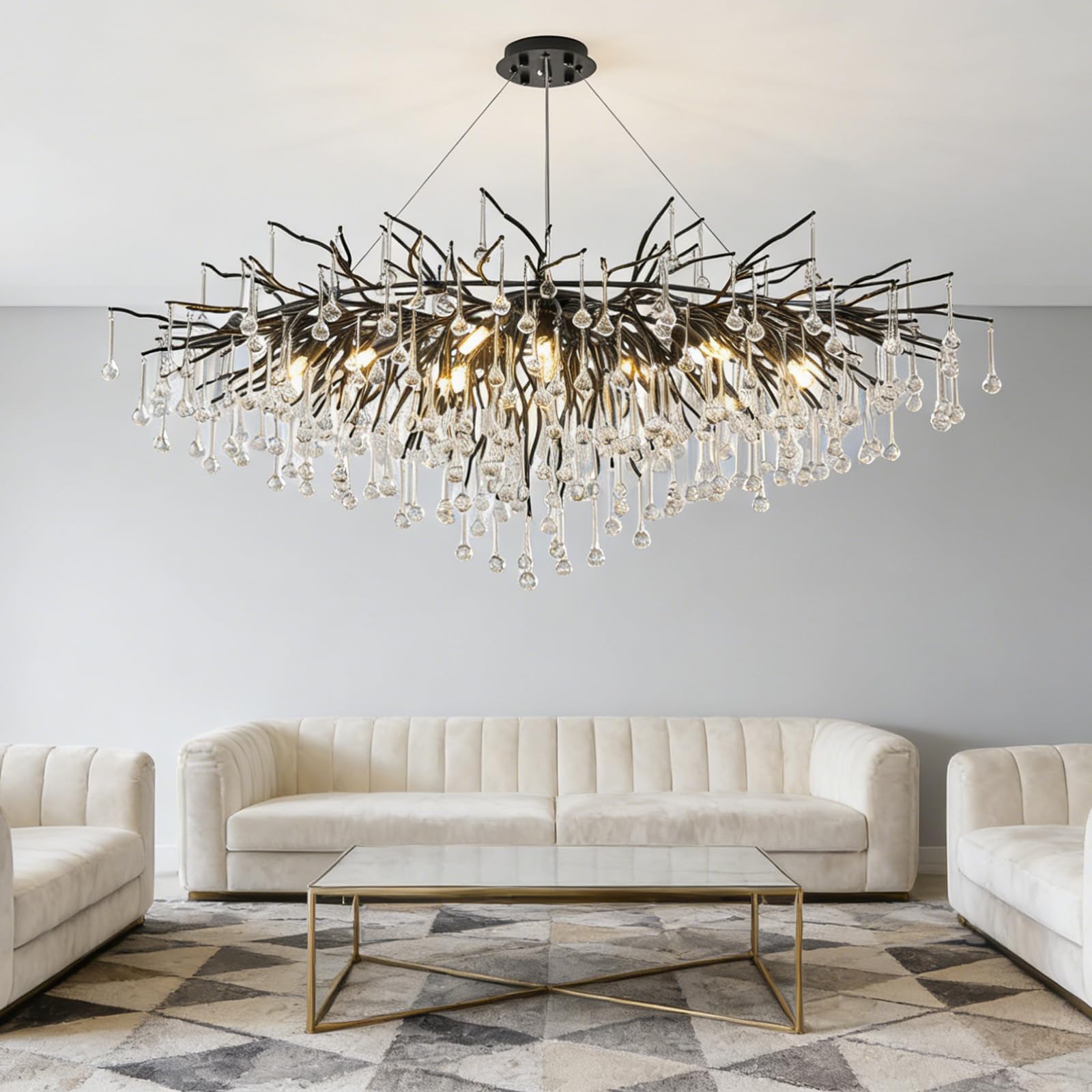 KXEcoLife Modern Tree Branch Crystal Chandelier Luxury Pendant Lighting Contemporary Large Rectangular Chandeliers for Dining Room Kitchen Bedroom Living Room,Black L120cm