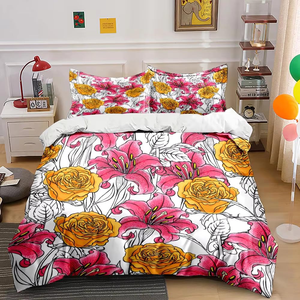 Parure de lit 220x240 microfibre avec housse de couette fleurie et 2 taies