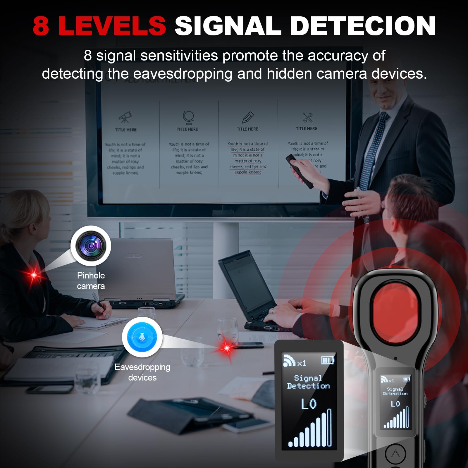 Détecteur de caméra espion LED amélioré avec 4 modes et 9 niveaux de signal ; détecteur de caméra cachée avec 8 niveaux de sensibilité, traceur GPS et détecteur ; convient pour une utilisation dans