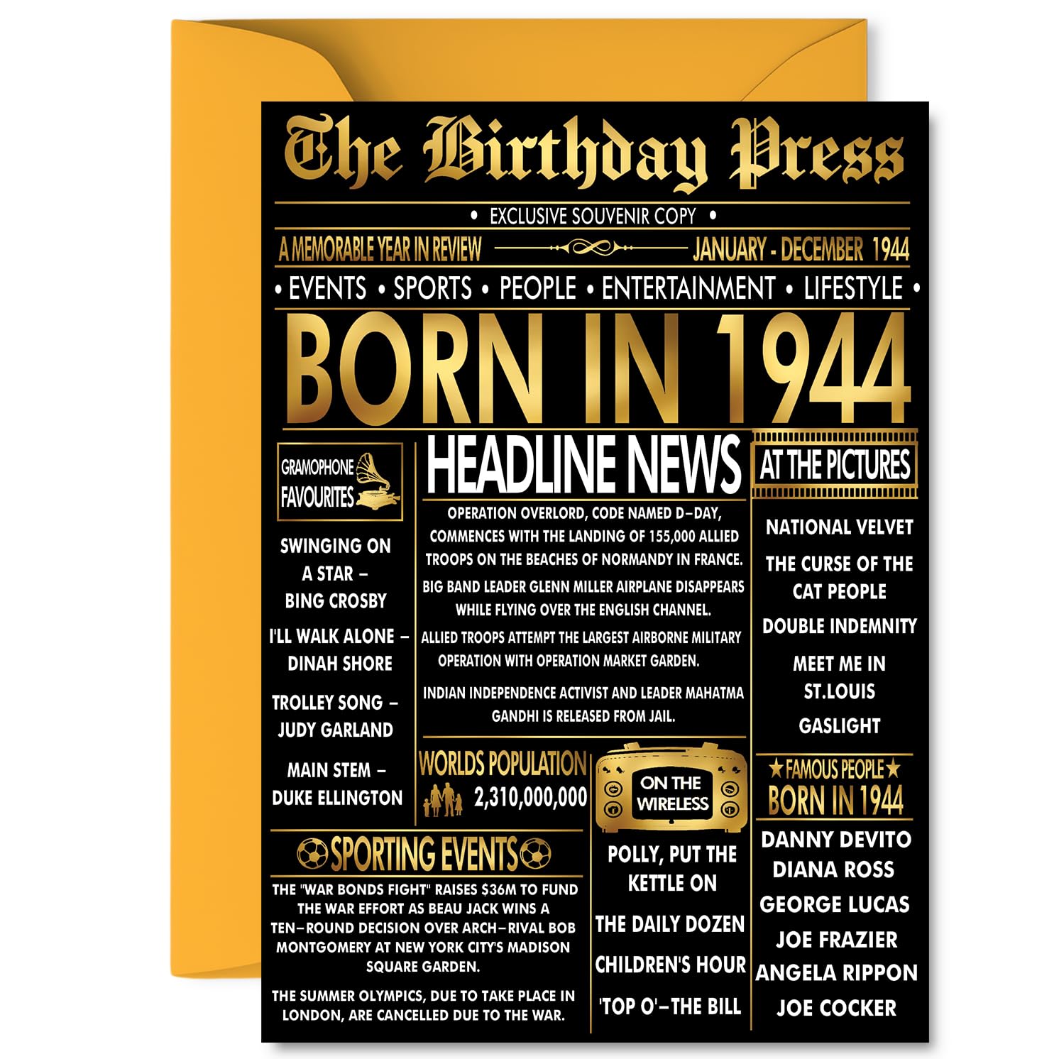 Gold 82nd Birthday Card for Men Women - Black & Golden Newspaper Born in 1944 - Happy 82 Birthday Cards for Uncle Nanny Dad Wife Nan Husband, A5 Bday Greeting Cards