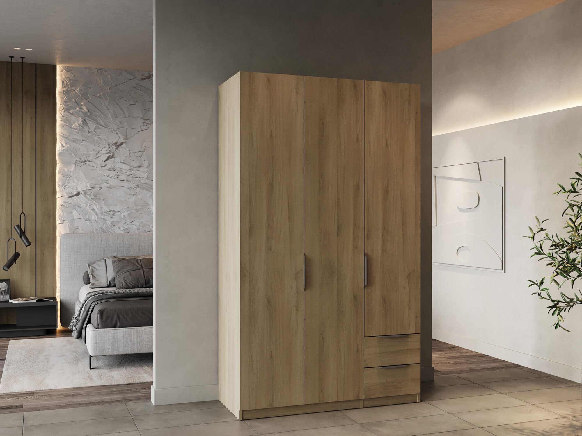 Armoire Dressing avec Penderie Moderne 3 Portes 2 Tiroirs 4 Niches – Coloris Chêne Kronberg - 119,4 x 51,1 x 203 cm