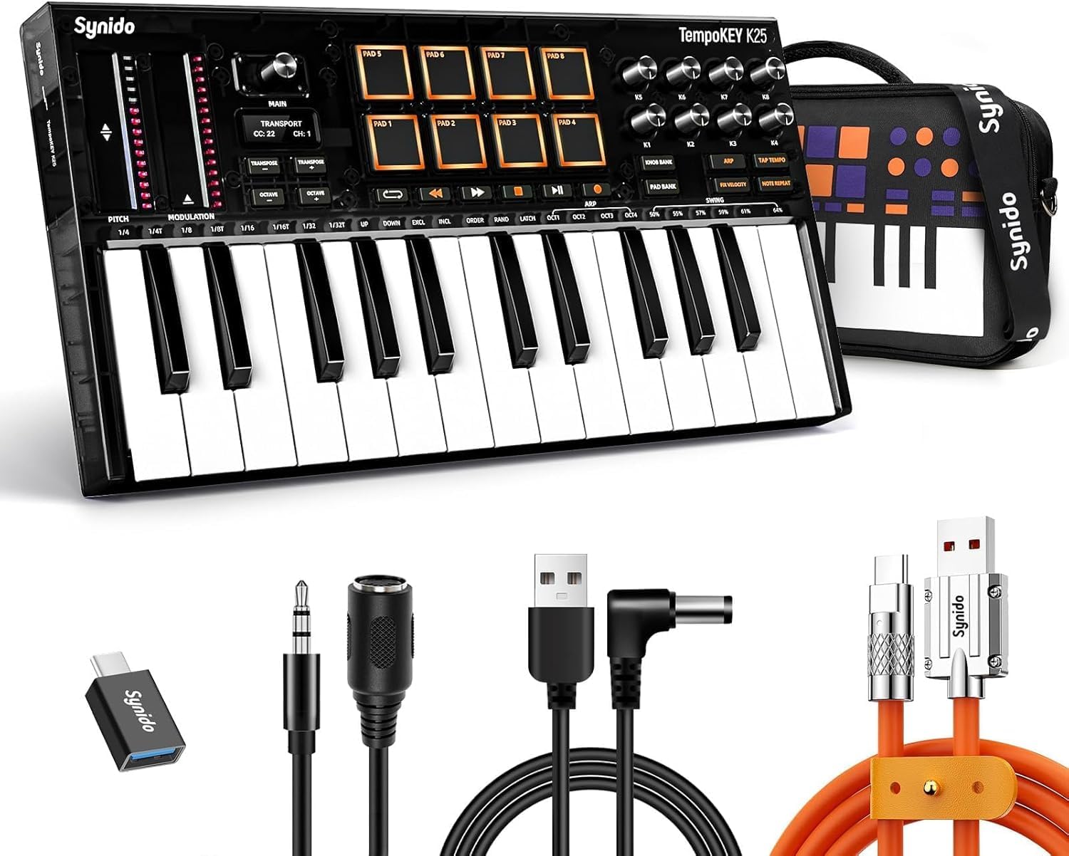 Synido 25 Tasten USB MIDI Keyboard Controller mit 8 Drum Pads, Professionelle Mini Midi Keyboard mit OLED Bildschirm, Beat Maker Maschine für Musikproduktion, Schwarz, TempoKey K25