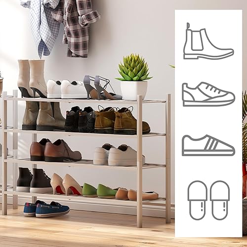 Vista 174 de Zapatero de bambú negro de 4 niveles para entrada, apilable, plegable, natural, organizador de zapatos para armario de pasillo, zapateros de pie