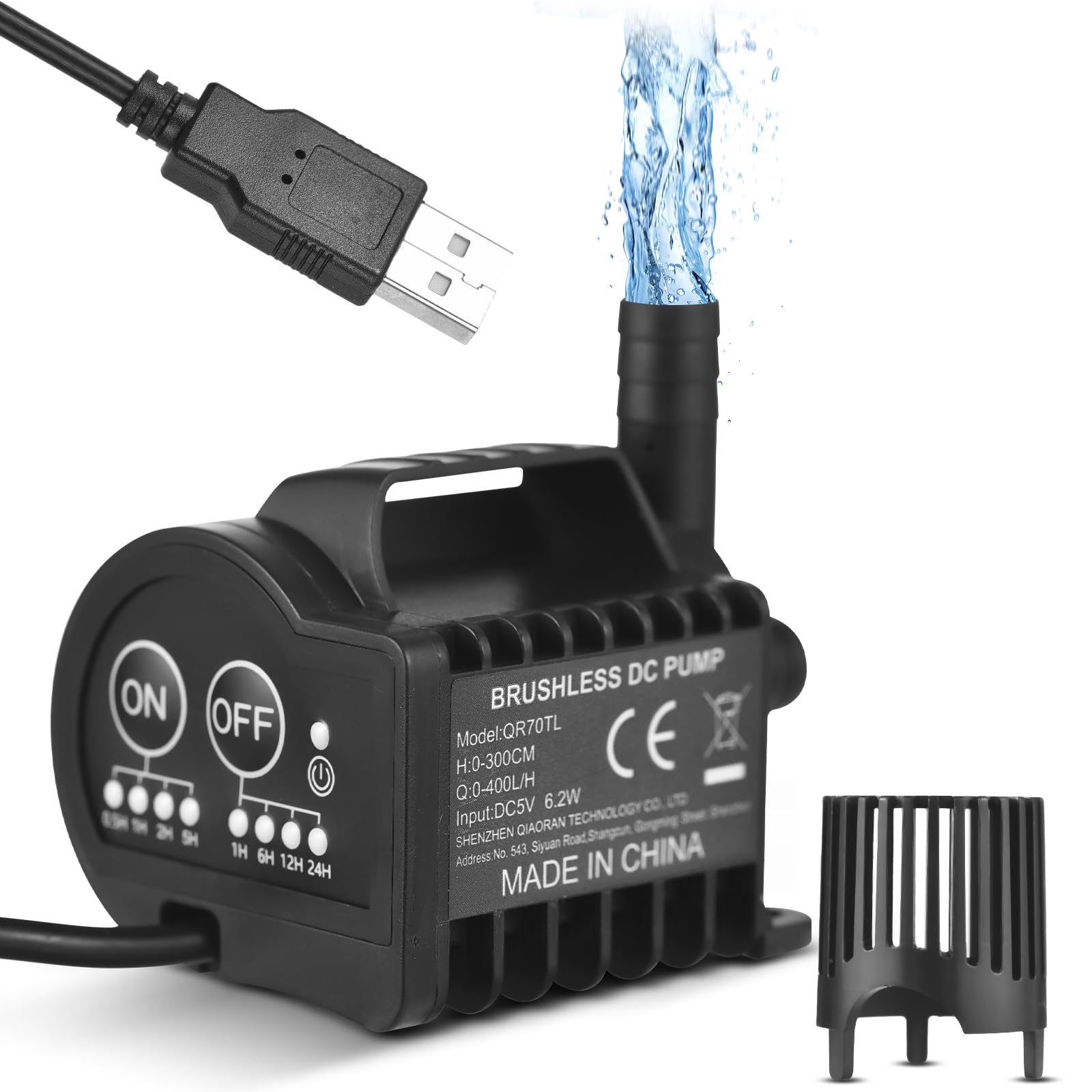 Mini 5V Water Pump with 4 Gear On/Off Timing, Acceleration and Deceleration Function, Max 400L/H Flow 9.8ft Lift, 6.5ft USB Charging Cable and Suction Cup Base for Tank, Pond, Aquarium, Pet Drinking