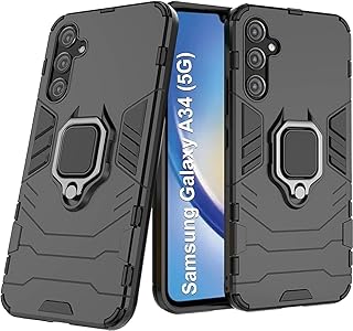 جراب حماية بحلقة معدنية مضادة للصدمات لموبايل سامسونج جالاكسي A34، لون أسود