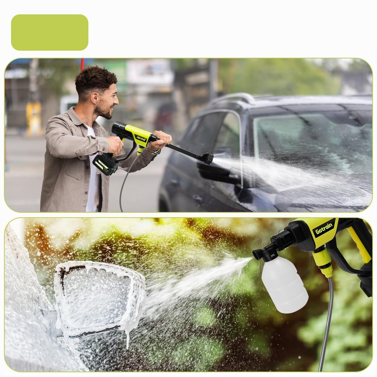 Limpiador de alta presión 6 en 1 con batería, 21 V, 30 bar, con 2 pilas de 3,0 Ah, pistola de limpieza a presión portátil, pistola de espuma para coche, casa, césped, jardín, valla, manguera de 5 m