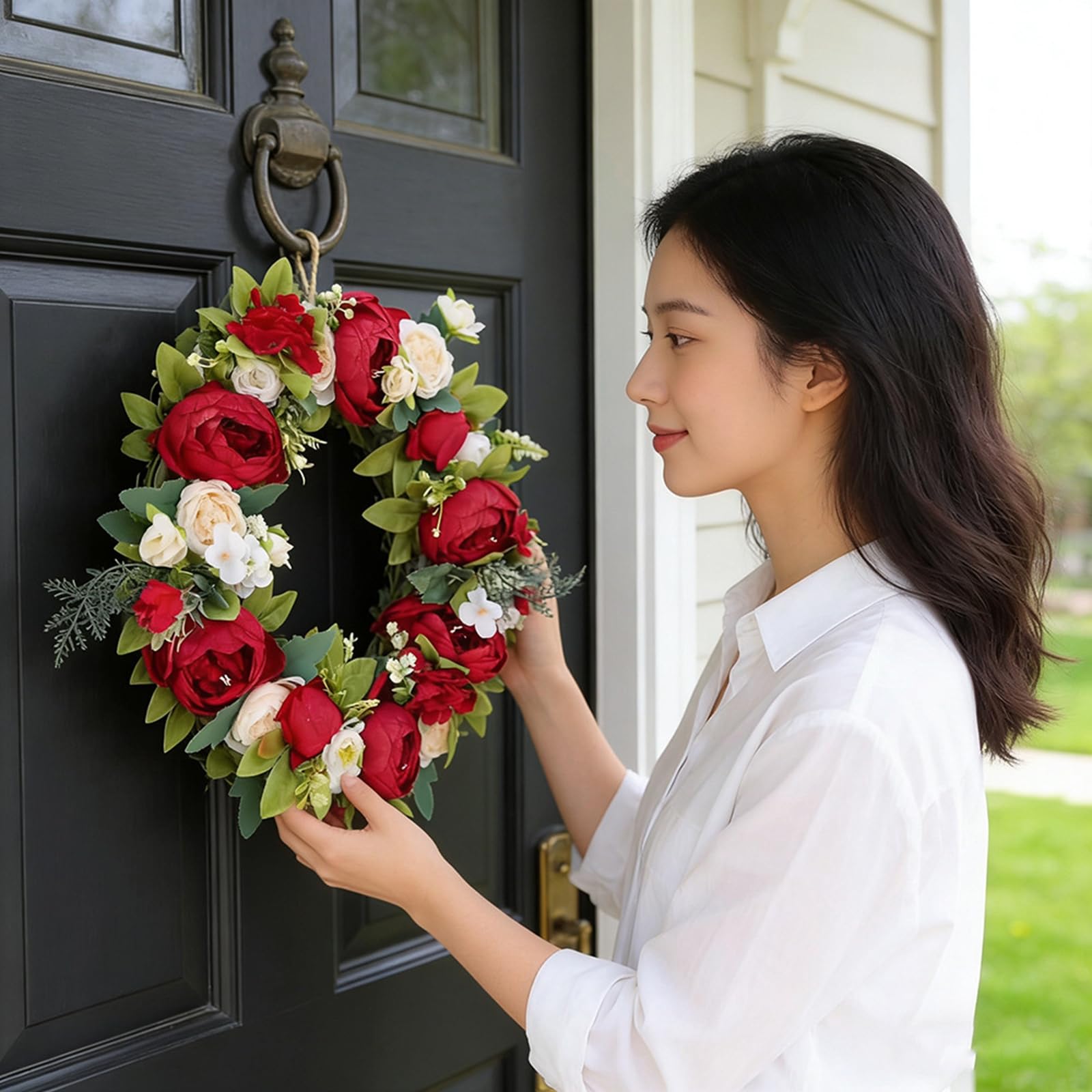 Künstlicher Dekokranz,40cm Rot Pfingstrosen Türkranz mit Blumen und Blätter,Türkranz für alle Jahreszeiten, für Zuhause, Haustür, Wände, Fenster, Festivals und Hochzeiten Deko