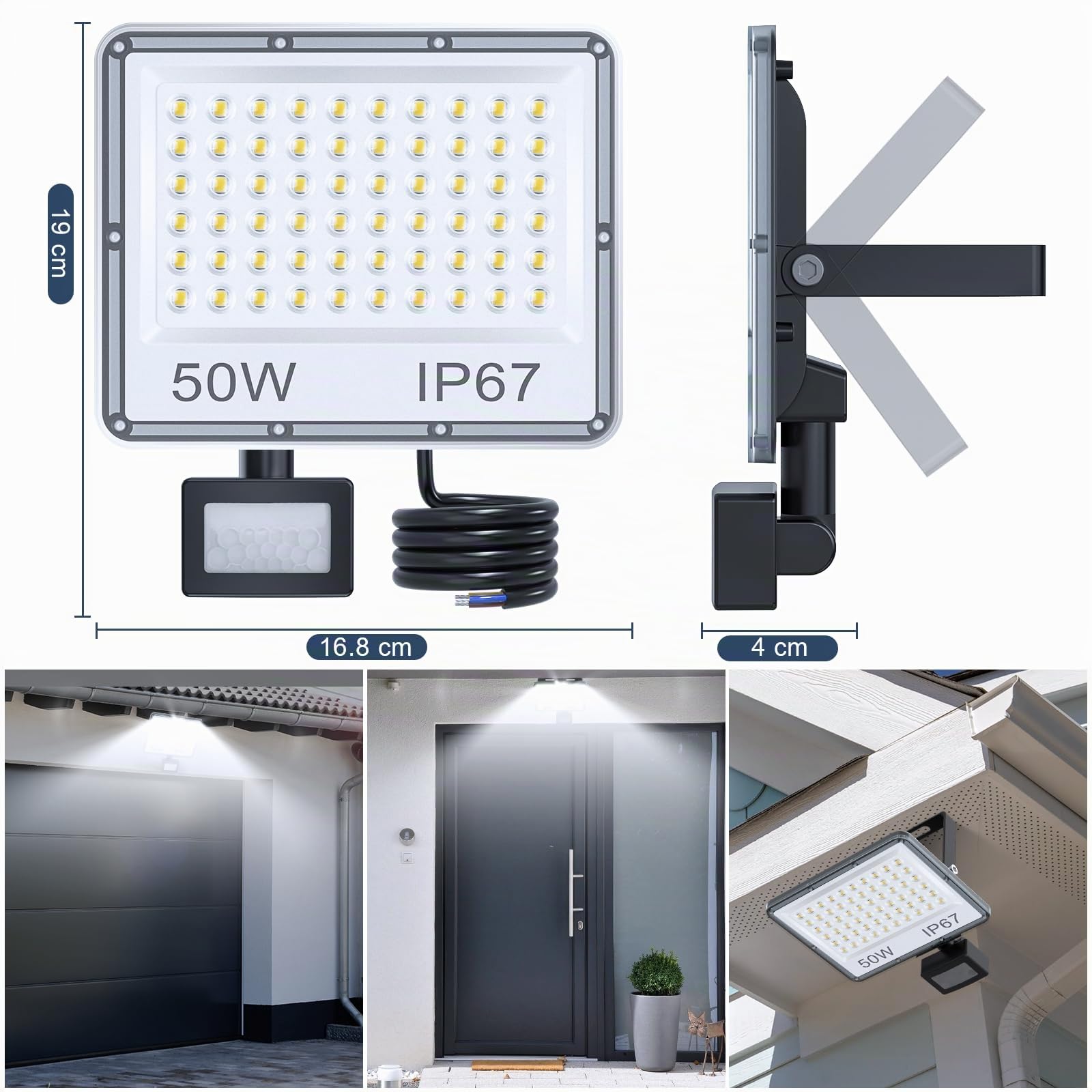Faro LED Esterno con Sensore Movimento 50W 2 Pezzi, 5000LM Faretto con Sensore di Movimento, 7000K Faretto LED da Esterno, Impermeabile IP67 Luci per Giardino, Terrazza, Garage