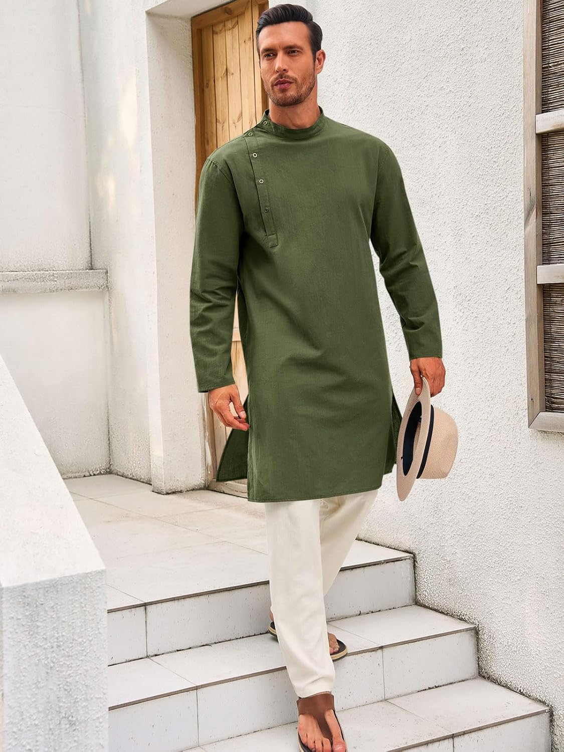Runcati Mens Kaftan Thobe Robe Long Sleeve Cotton Henley Shirt Casual Muslim Gown Salwar Kurta - Image 4