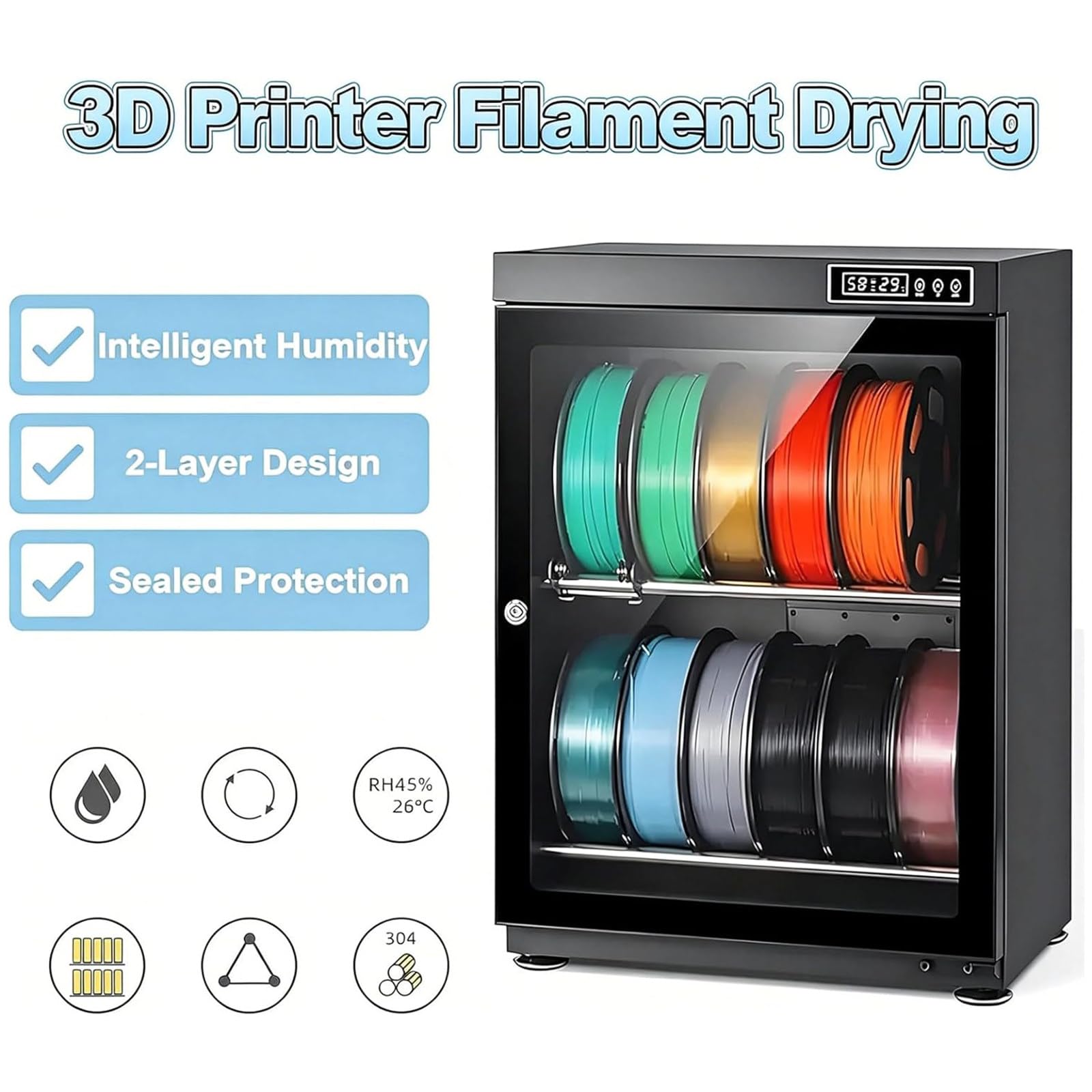 3D Drucker Filament Dryer Box,Filament Trockner,Feuchtigkeitsbeständige Filament-Aufbewahrungsbox,Luftfeuchtigkeitsbereich 15–60%,Fasst 10–12/15-21 Rollen à Filament 115L